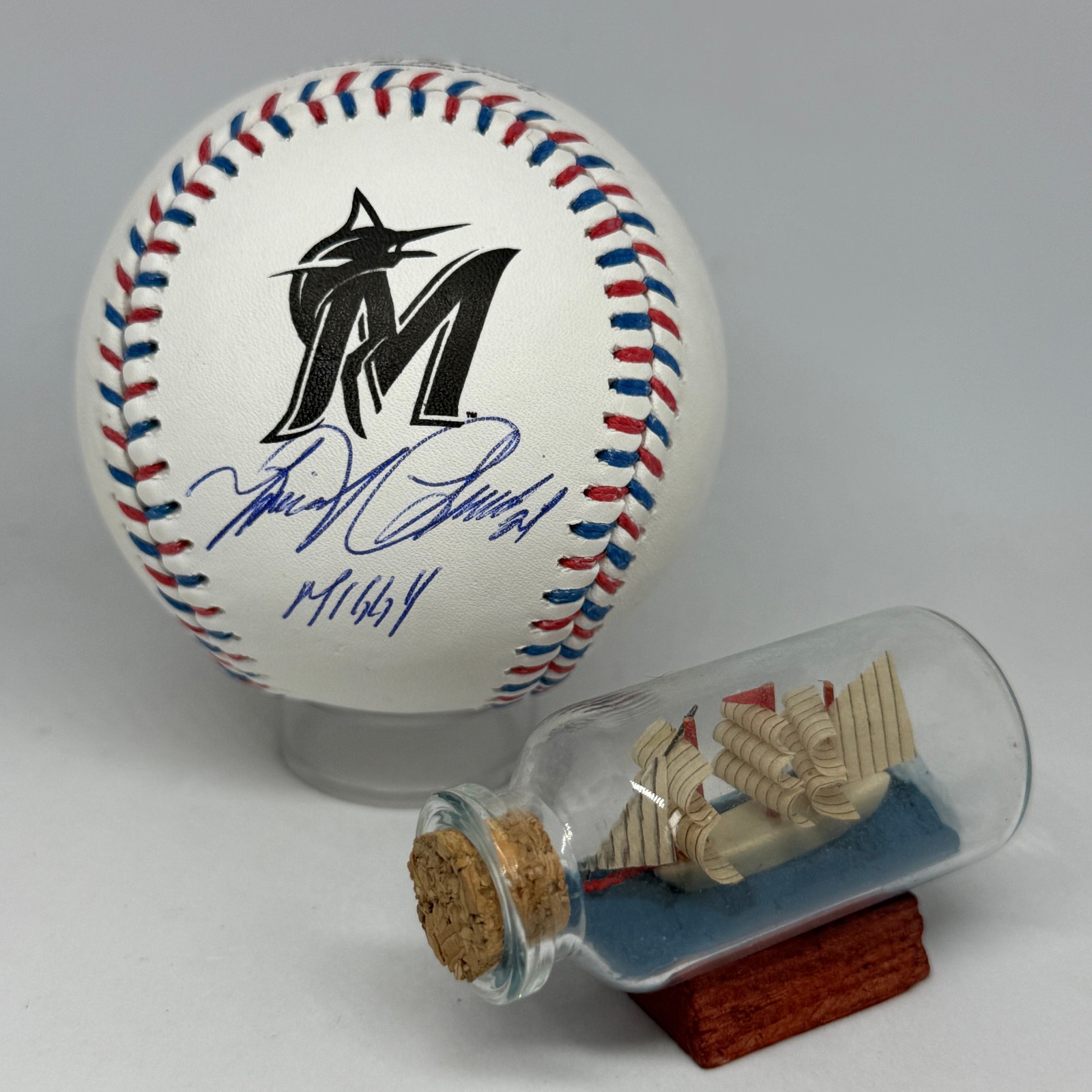Miguel Cabrera signed Marlins Team Stitch Logo Baseball JSA COA Inscribed A3943