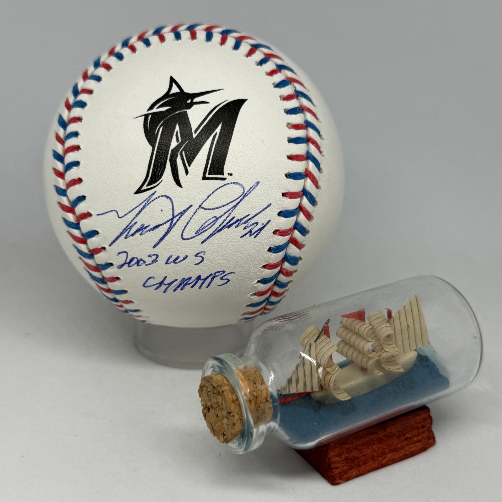 Miguel Cabrera signed Marlins Team Stitch Logo Baseball JSA COA Inscribed A3944