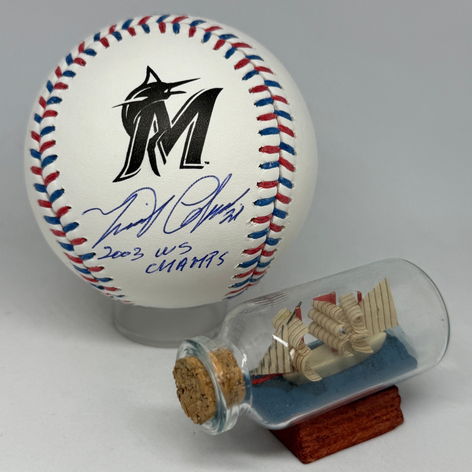 Miguel Cabrera signed Marlins Team Stitch Logo Baseball JSA COA Inscribed A3945