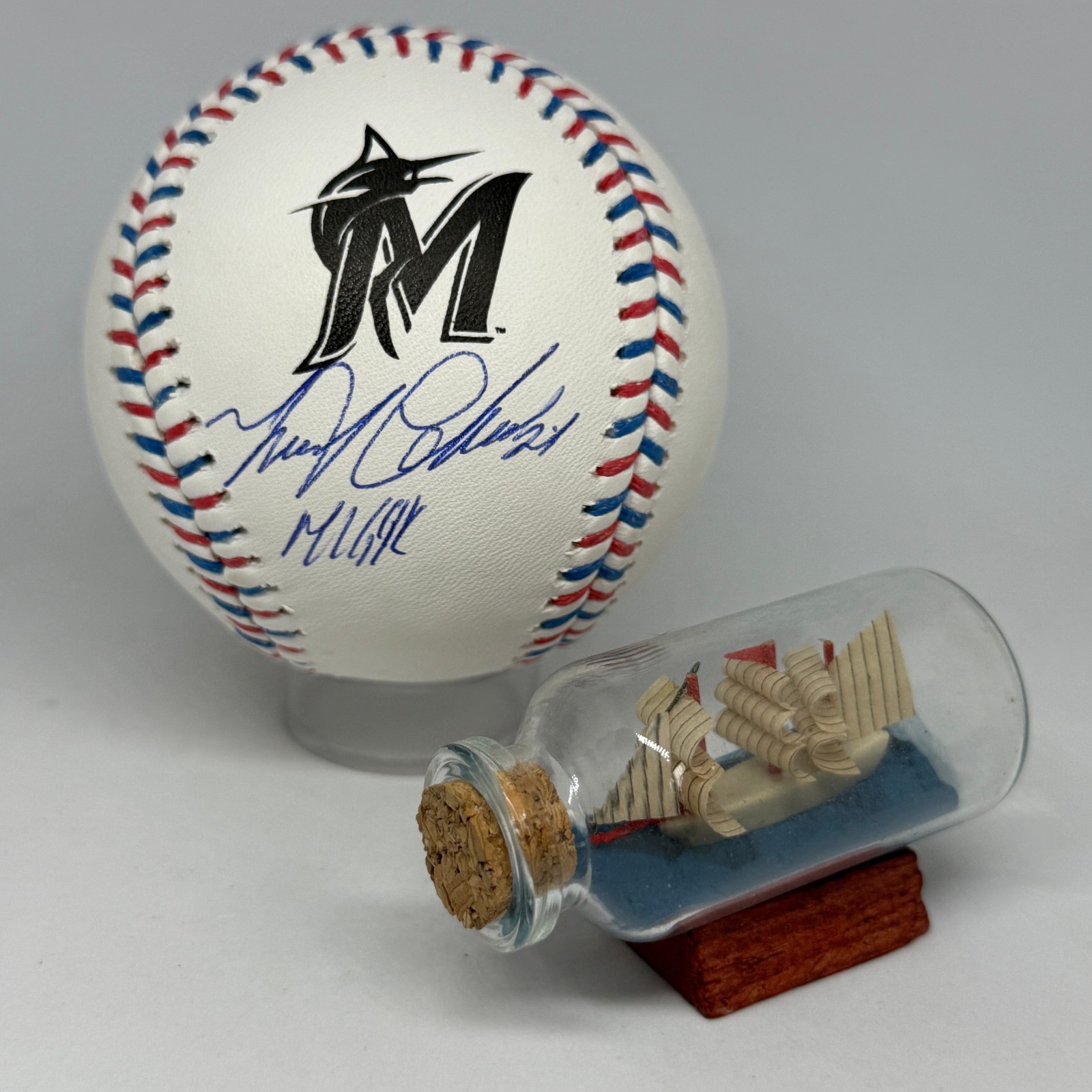Miguel Cabrera signed Marlins Team Stitch Logo Baseball JSA COA Inscribed A3946