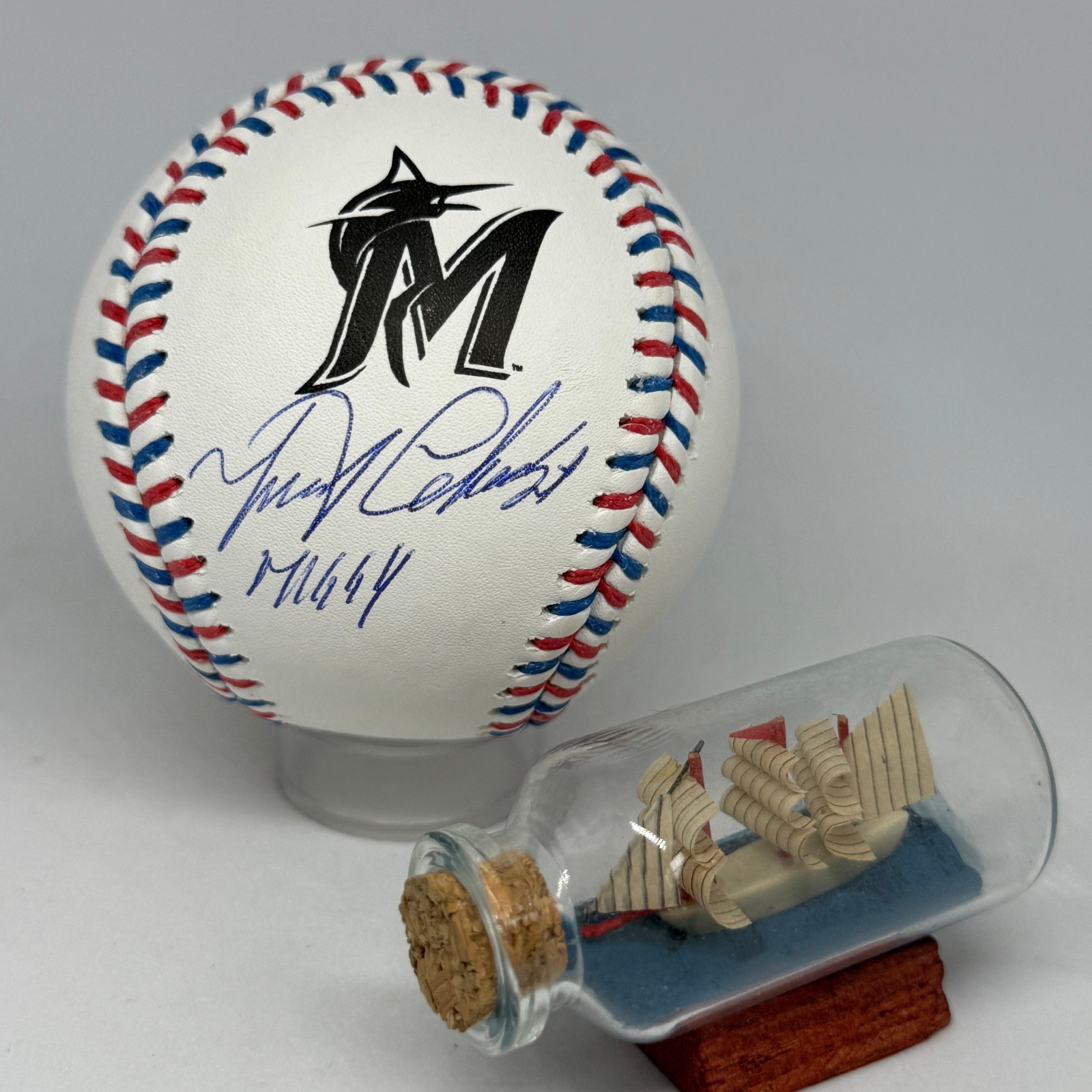 Miguel Cabrera signed Marlins Team Stitch Logo Baseball JSA COA Inscribed A3947