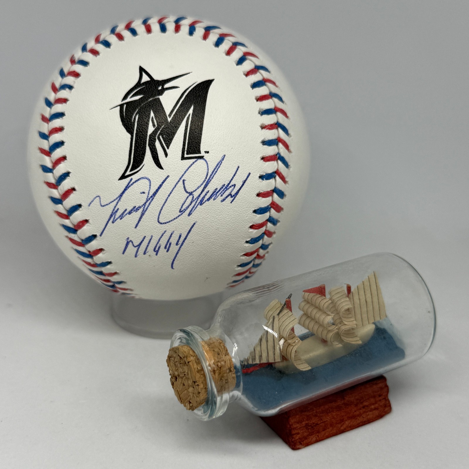 Miguel Cabrera signed Marlins Team Stitch Logo Baseball JSA COA Inscribed A3948