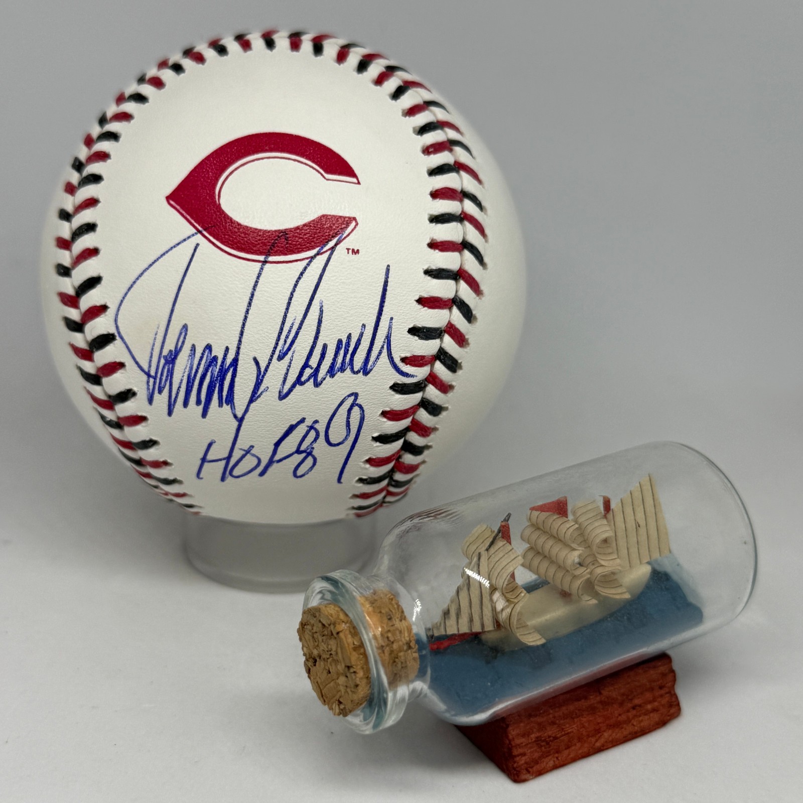 Johnny Bench signed Reds Team Stitch Logo Baseball JSA COA Inscribed HOF A3959