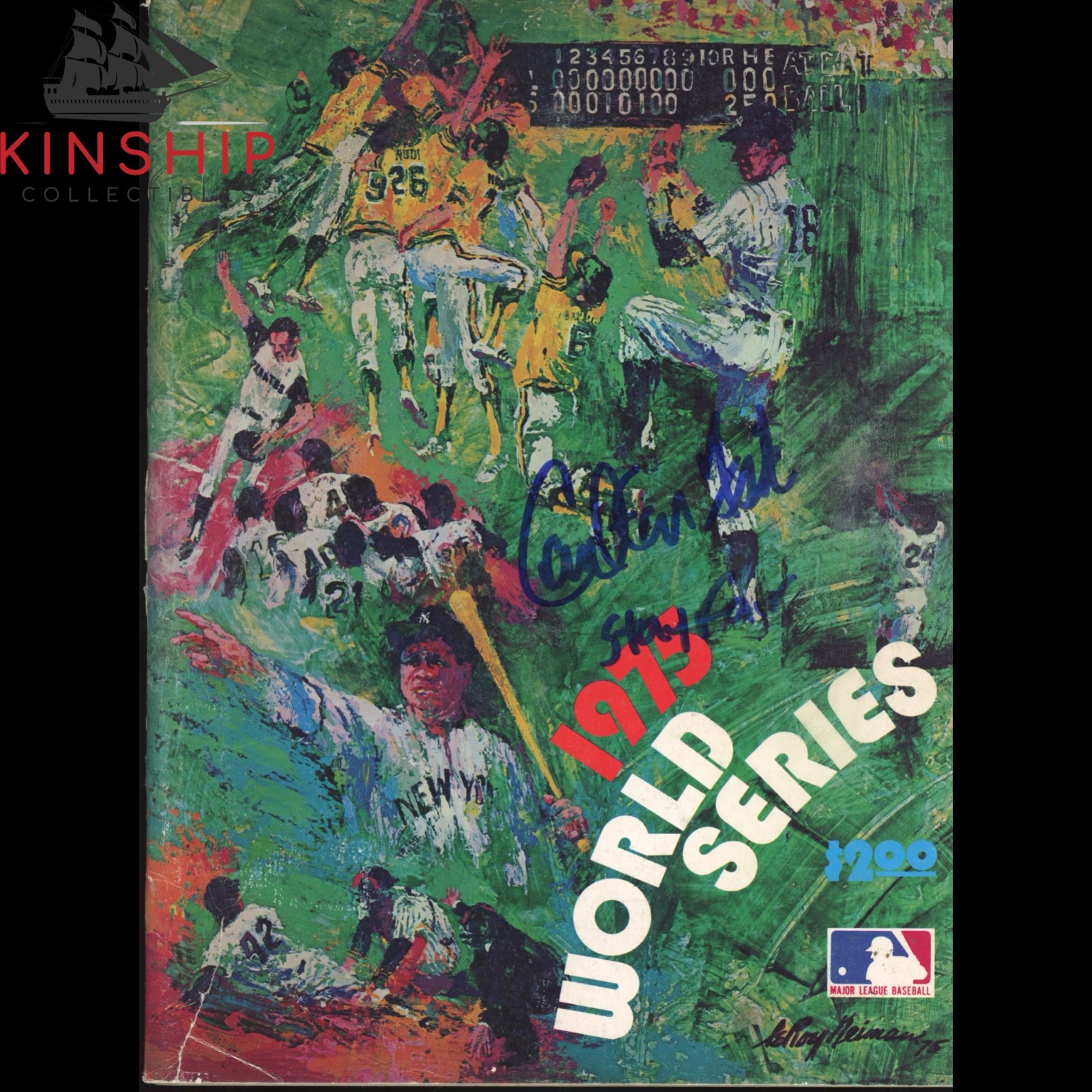 CARLTON FISK SIGNED 1975 WORLD SERIES PROGRAM JSA COA INSCRIBED ‘STAY FAIR’ E297 COLLECTIBLE MEMORABILIA