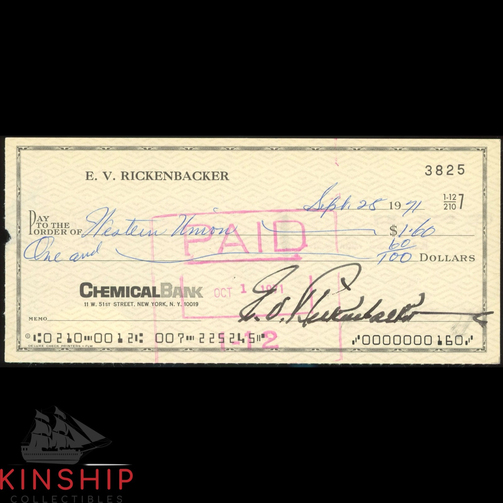 Eddie Rickenbacker signed Check JSA COA Bold Military WWI Ace Auto Z2304