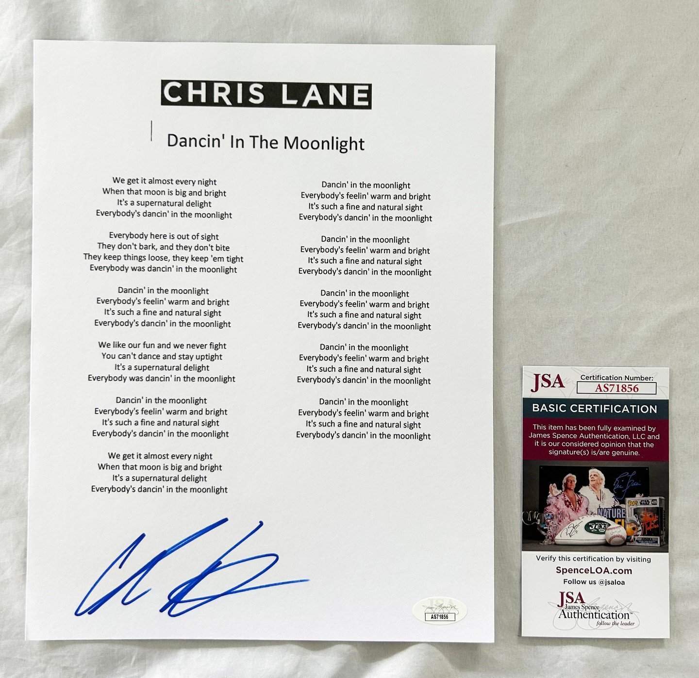 Chris Lane Signed Lyric Sheet JSA 7 COA