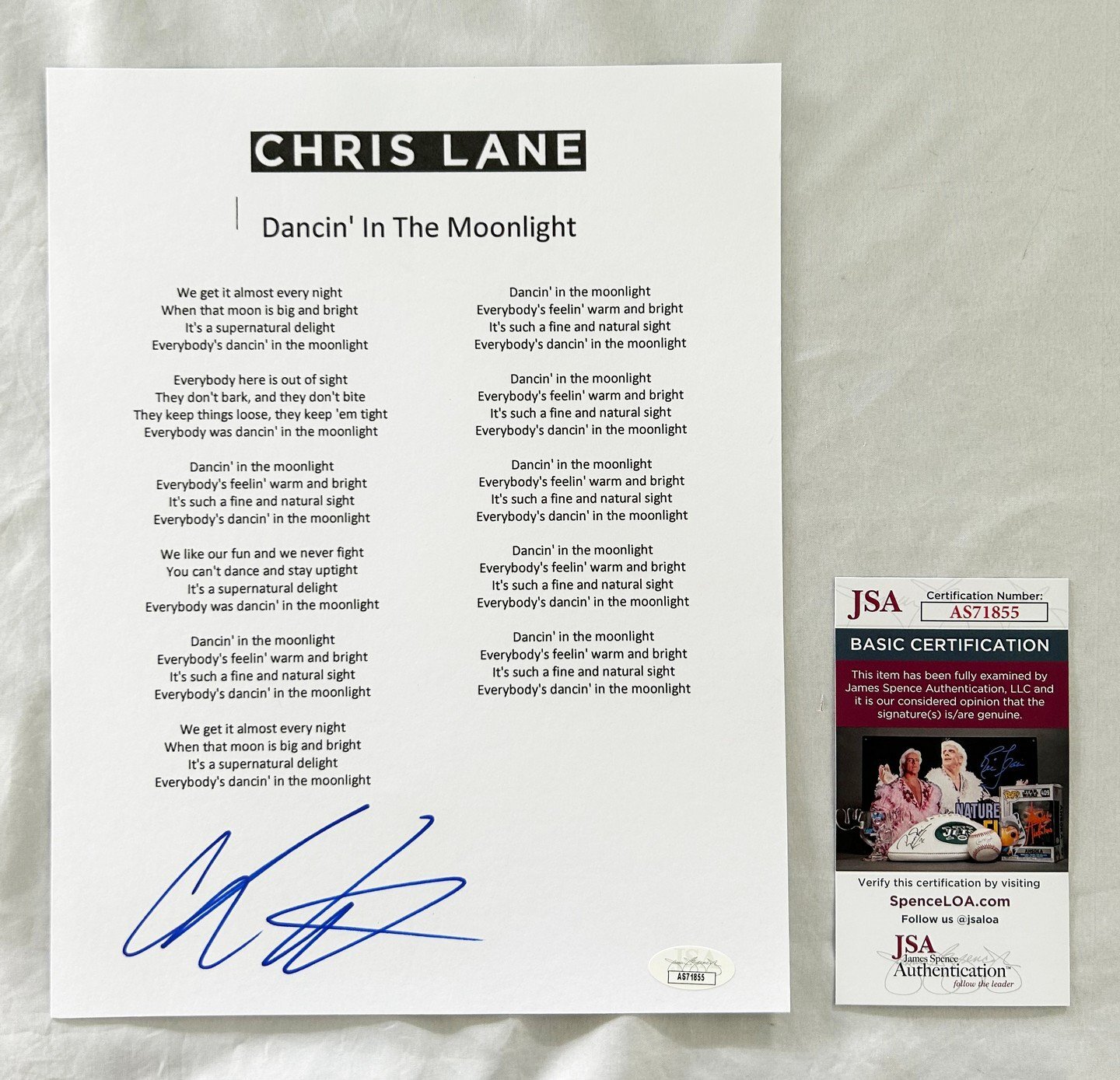 Chris Lane Signed Lyric Sheet JSA 6 COA