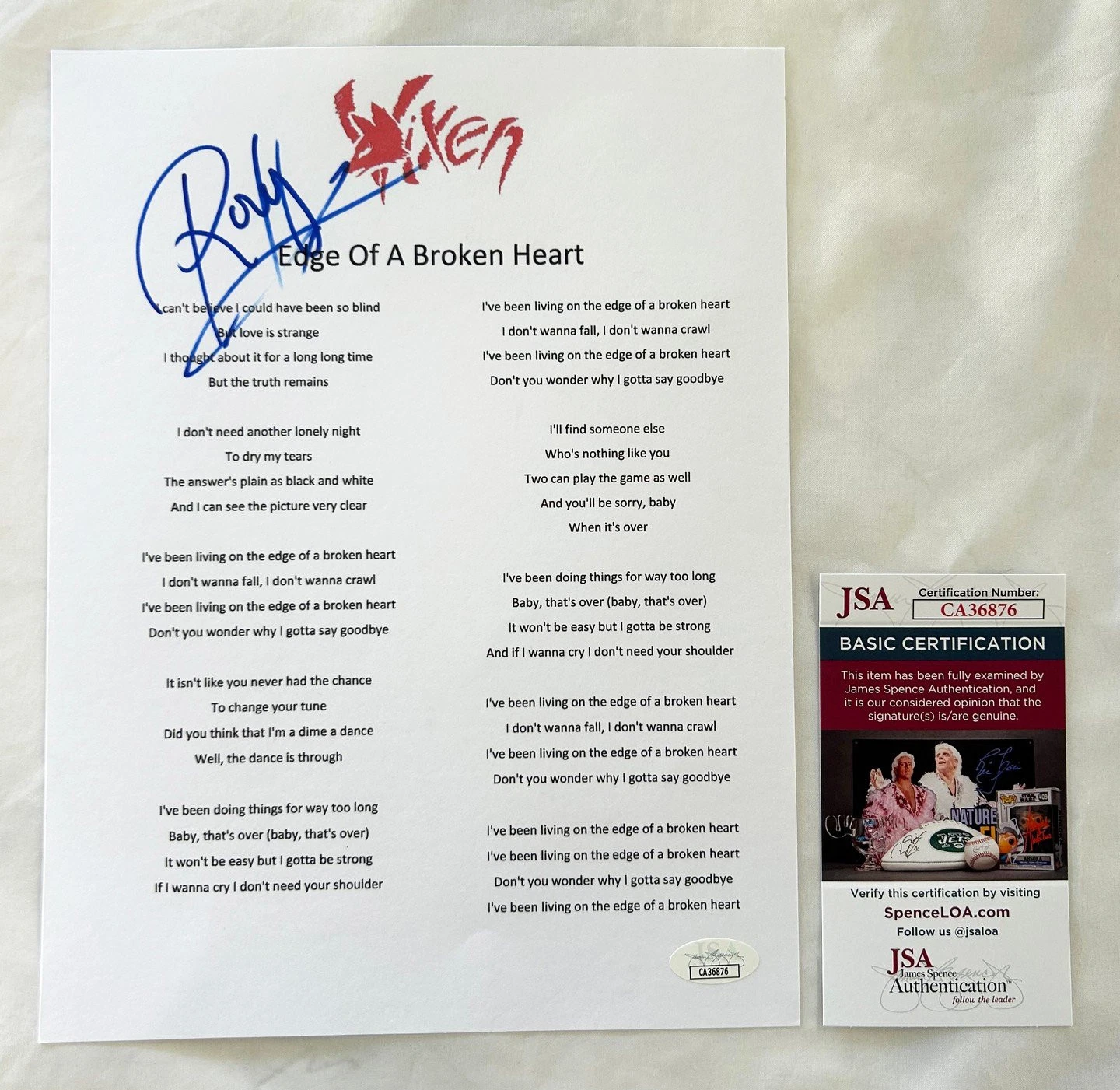 Roxy Petrucci Signed Lyric Sheet JSA Vixen 3 COA