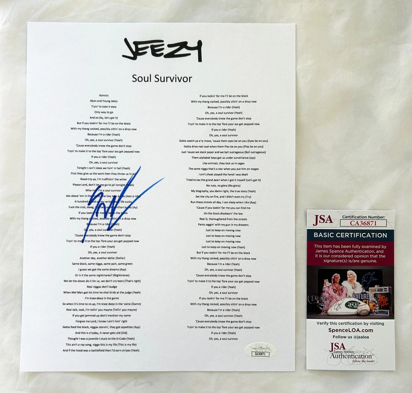 Young Jeezy Signed Lyric Sheet JSA 2 COA