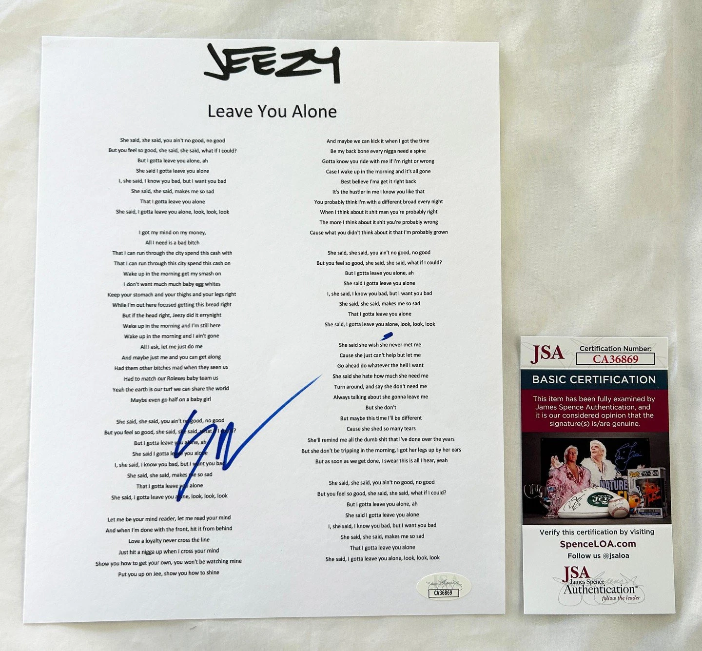 Young Jeezy Signed Lyric Sheet JSA COA