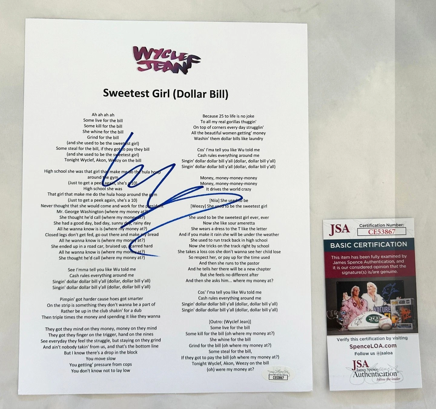 Wyclef Jean Signed Lyric Sheet Sweetest Girl (Dollar Bill) JSA 1 COA