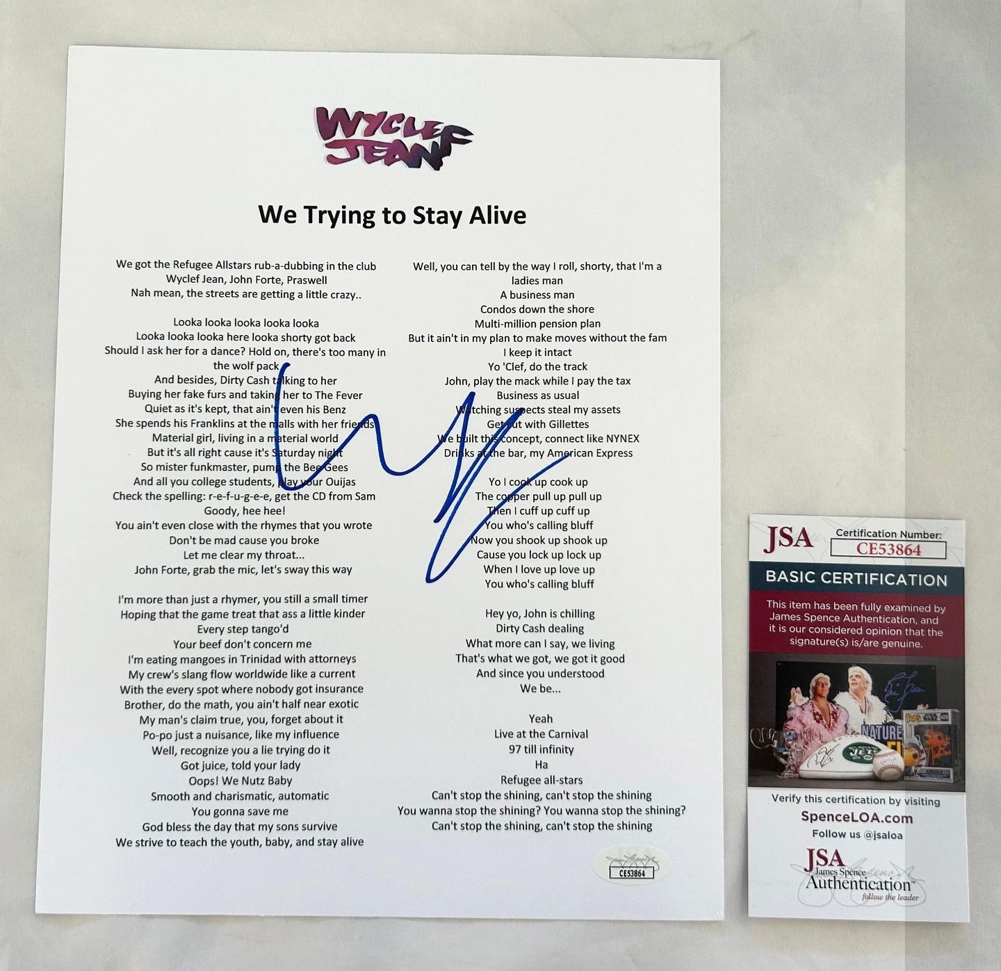 Wyclef Jean Signed Lyric Sheet We Trying To Stay Alive JSA 1 COA