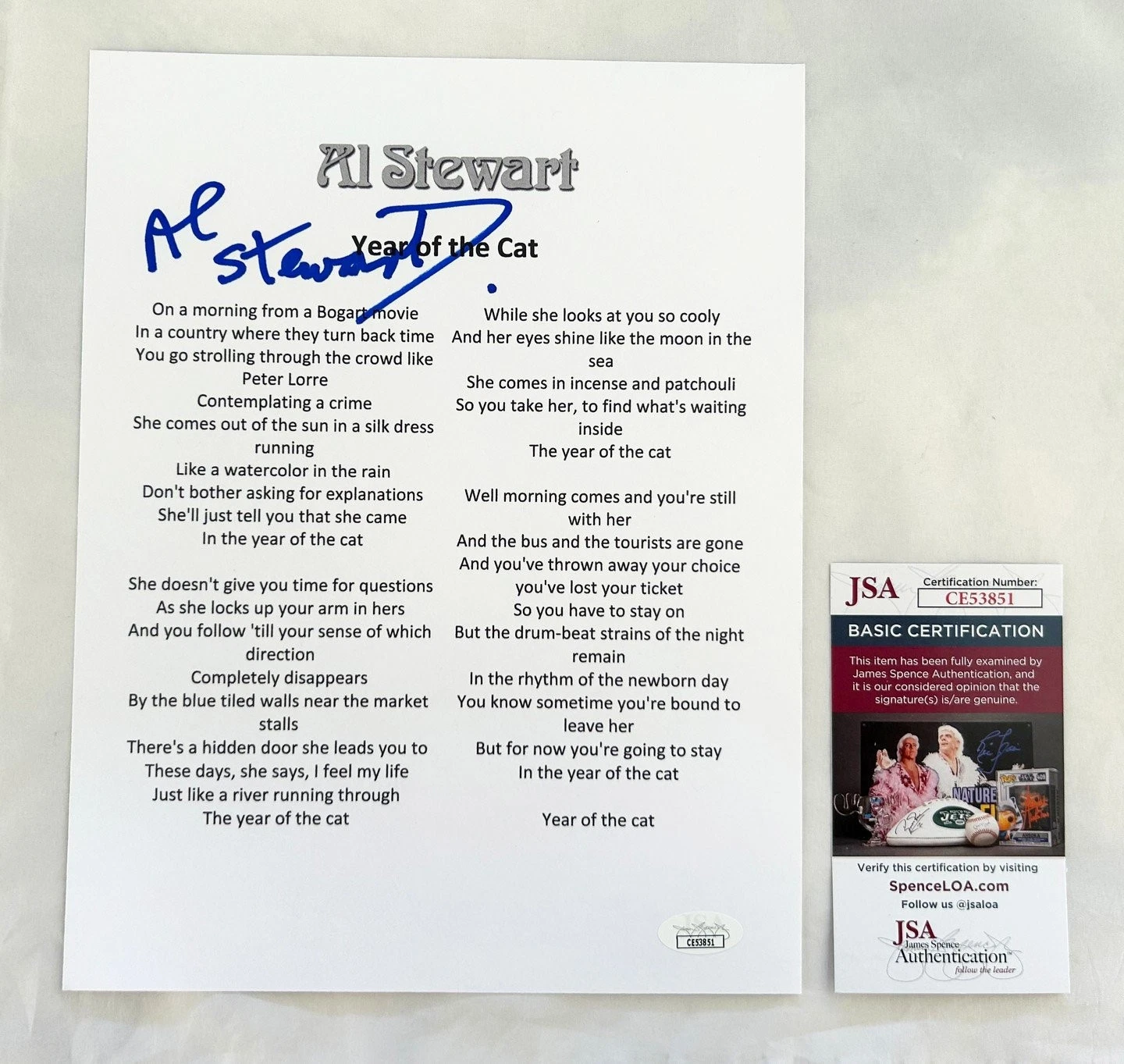 Al Stewart Signed Lyric Sheet Year Of The Cat JSA COA