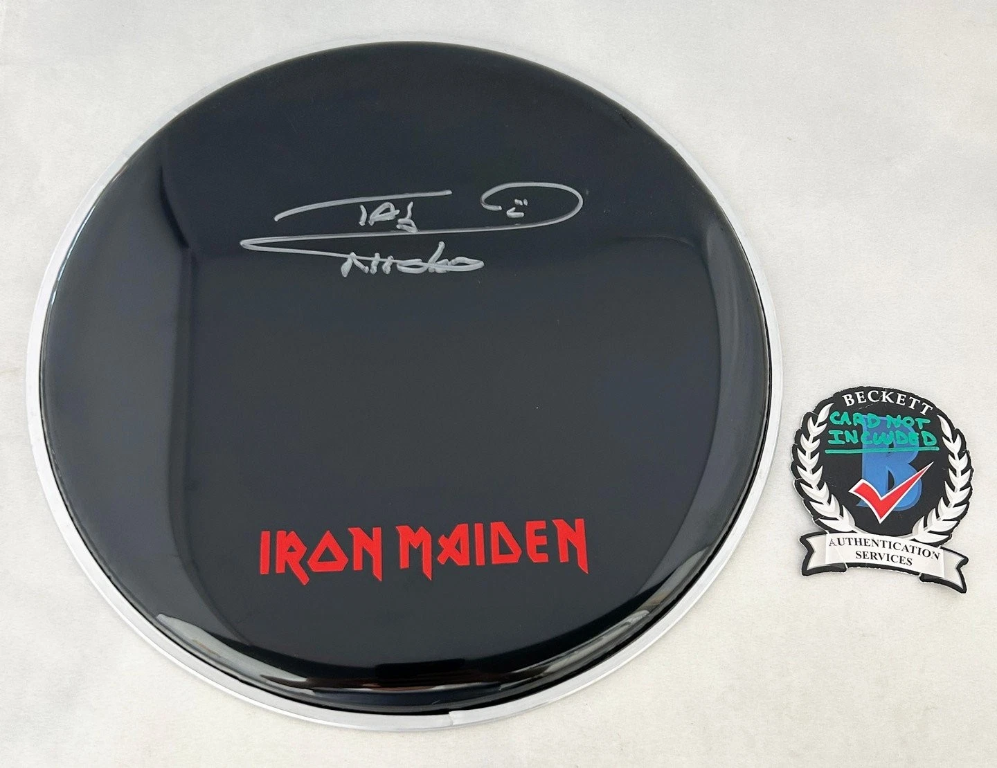 Nicko McBrain Signed Drumhead Iron Maiden Beckett BAS 2 COA
