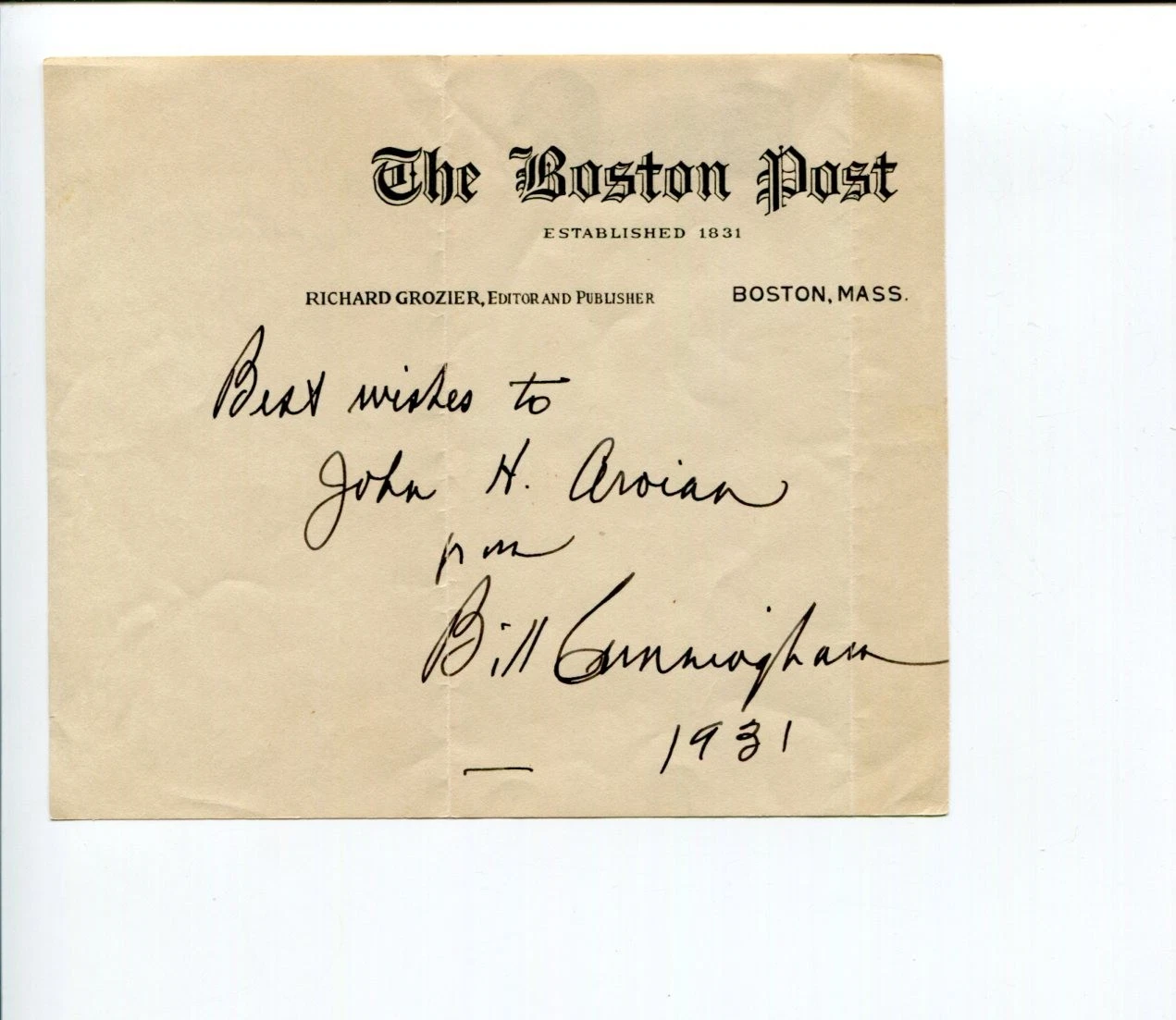 Bill Cunningham Boston Post Red Sox Writer Radio Signed Autograph
