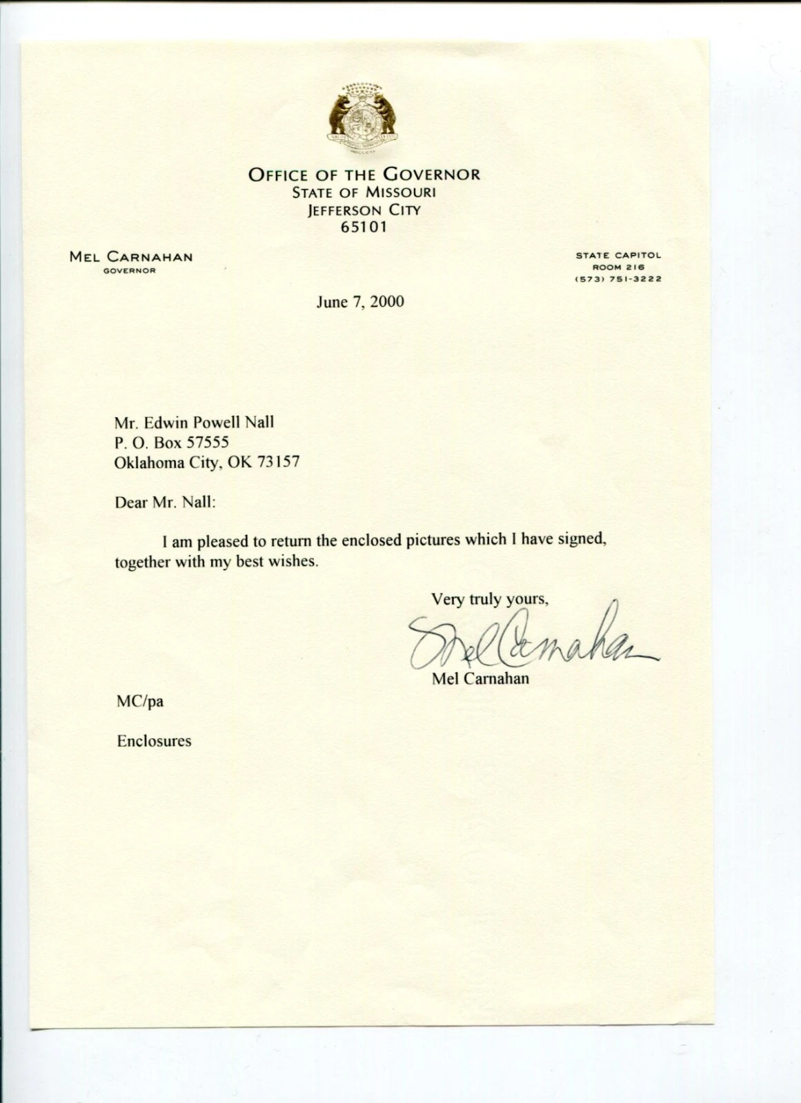 Mel Carnahan Governor Of Missouri Signed Autograph TSL Letter