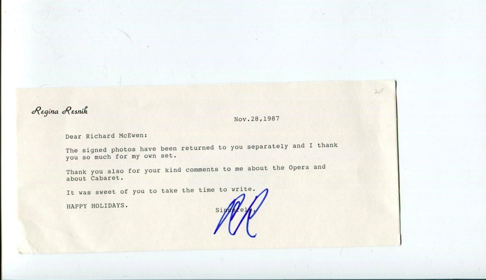 Regina Resnik Opera Singer Soprano Signed Autograph