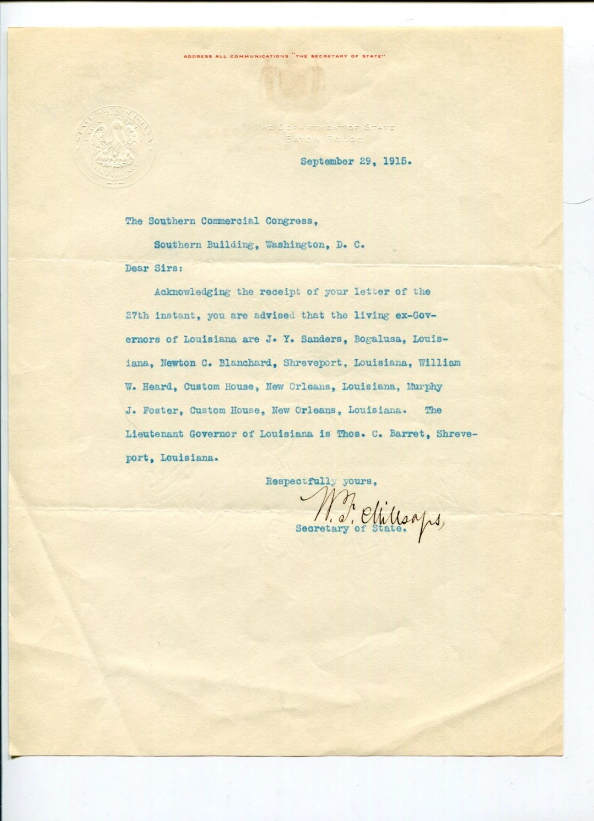 W. F. Millsaps Louisiana Secretary of State Signed Autograph TSL