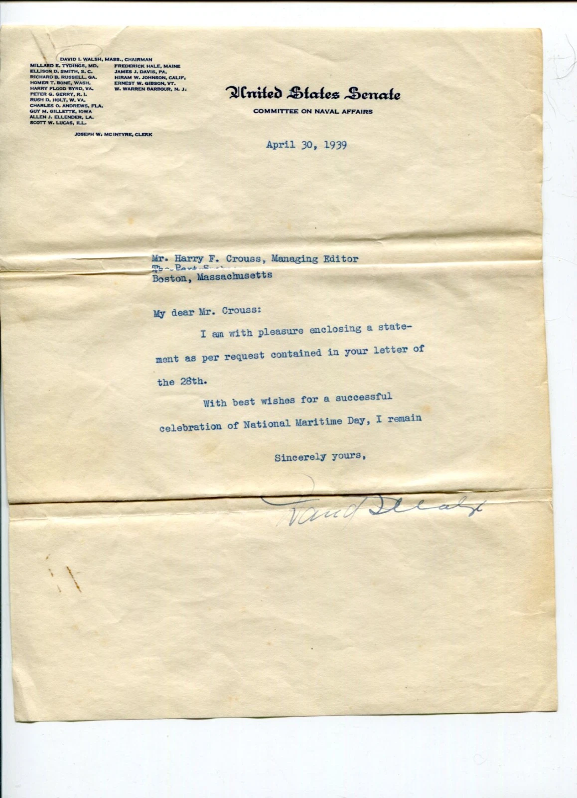 David I. Walsh Massachusetts Governor Representative Congress Signed Autograph