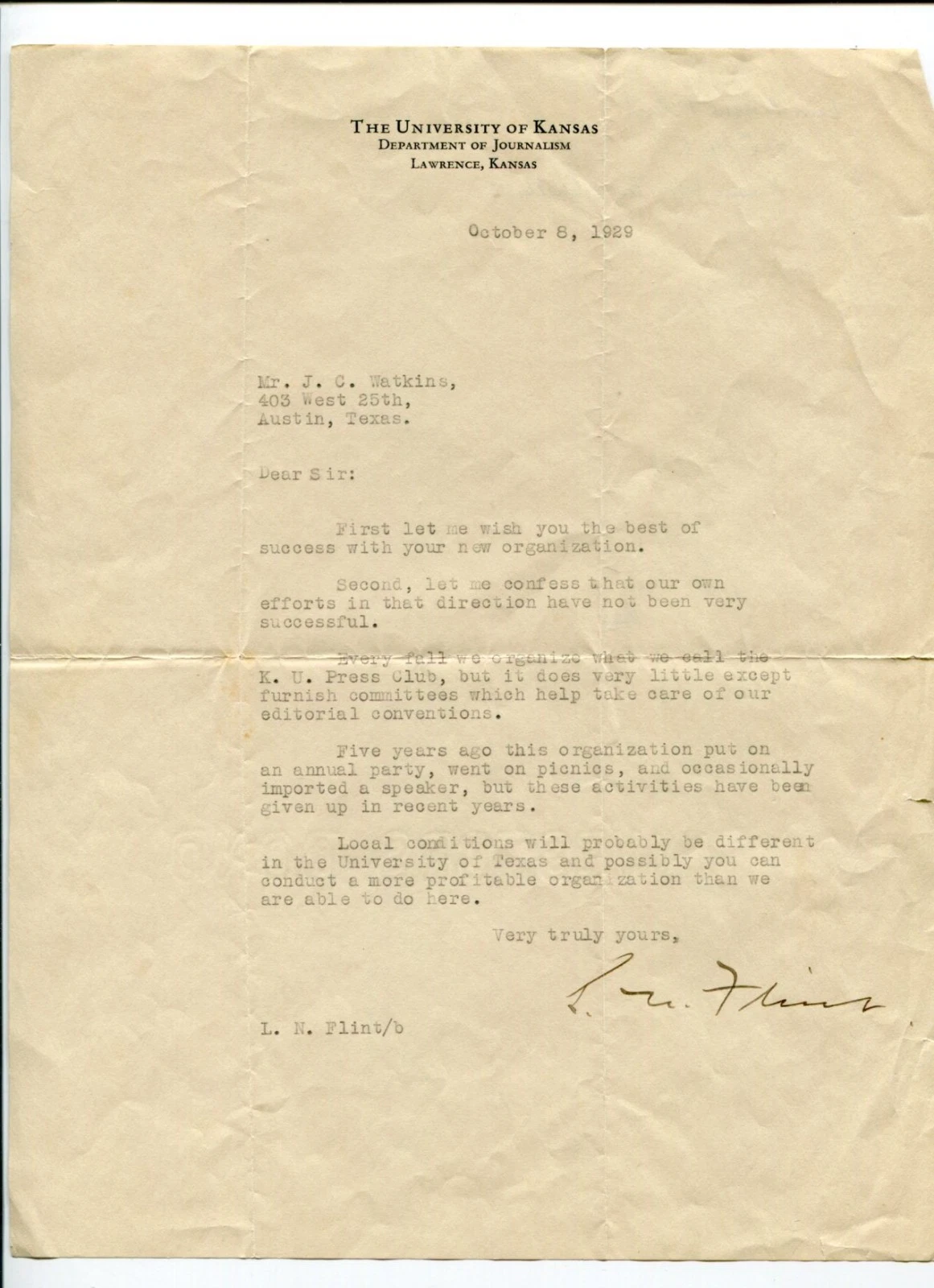 Leon N. Flint University Of Kansas Journalism Professor Signed Autograph TSL