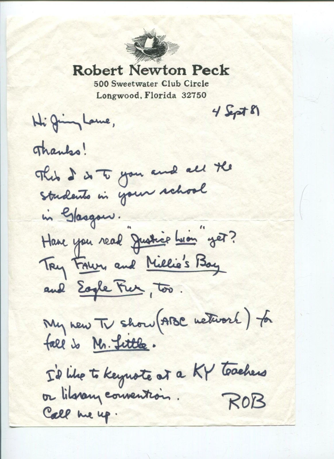 Robert Newton Peck Soup Children's Author Signed Autograph ALS