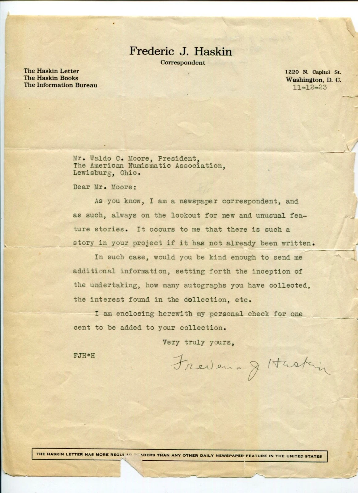 Frederic J Haskin Author Historian Signed Autograph ALS