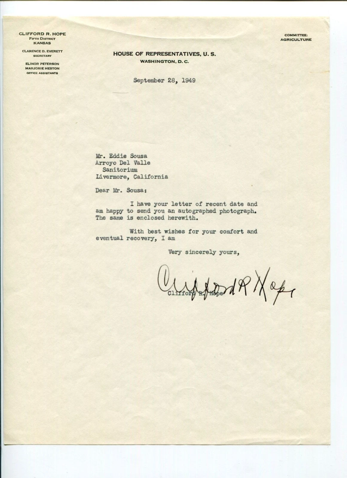 Clifford R. Hope Kansas US Representative Congress Signed Autograph TSL