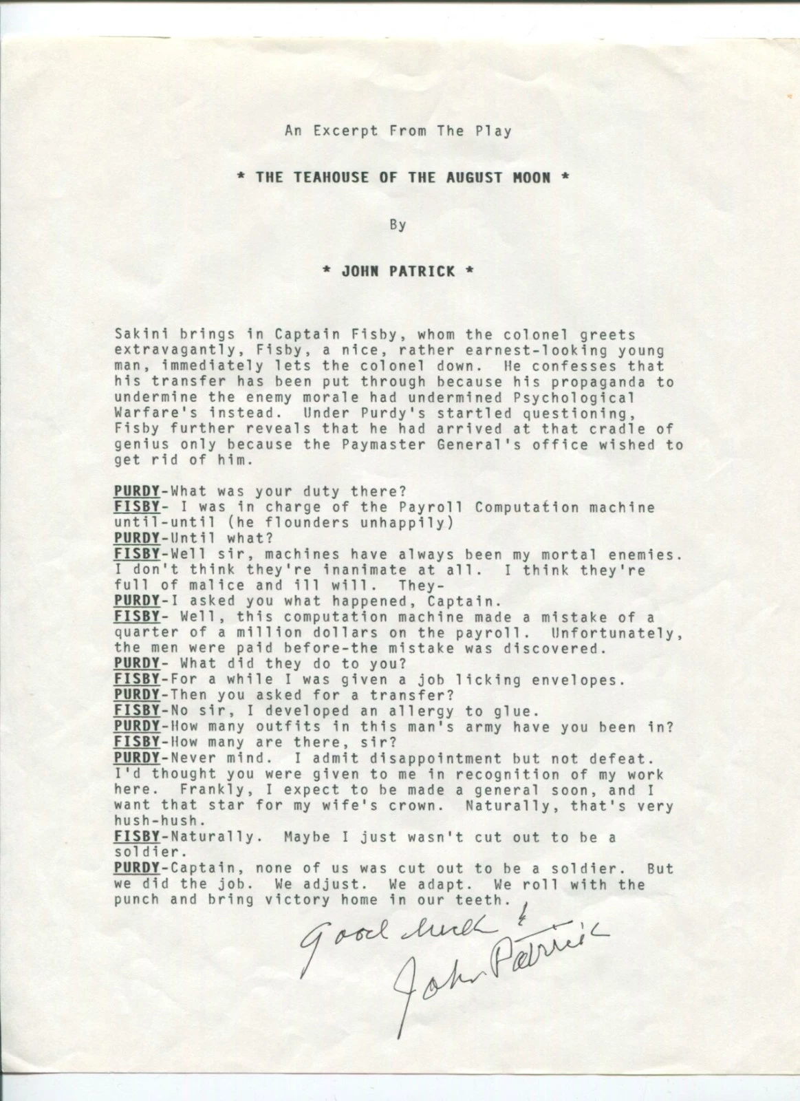 John Patrick Pulitzer Author Teahouse August Moon Signed Autograph Typescript