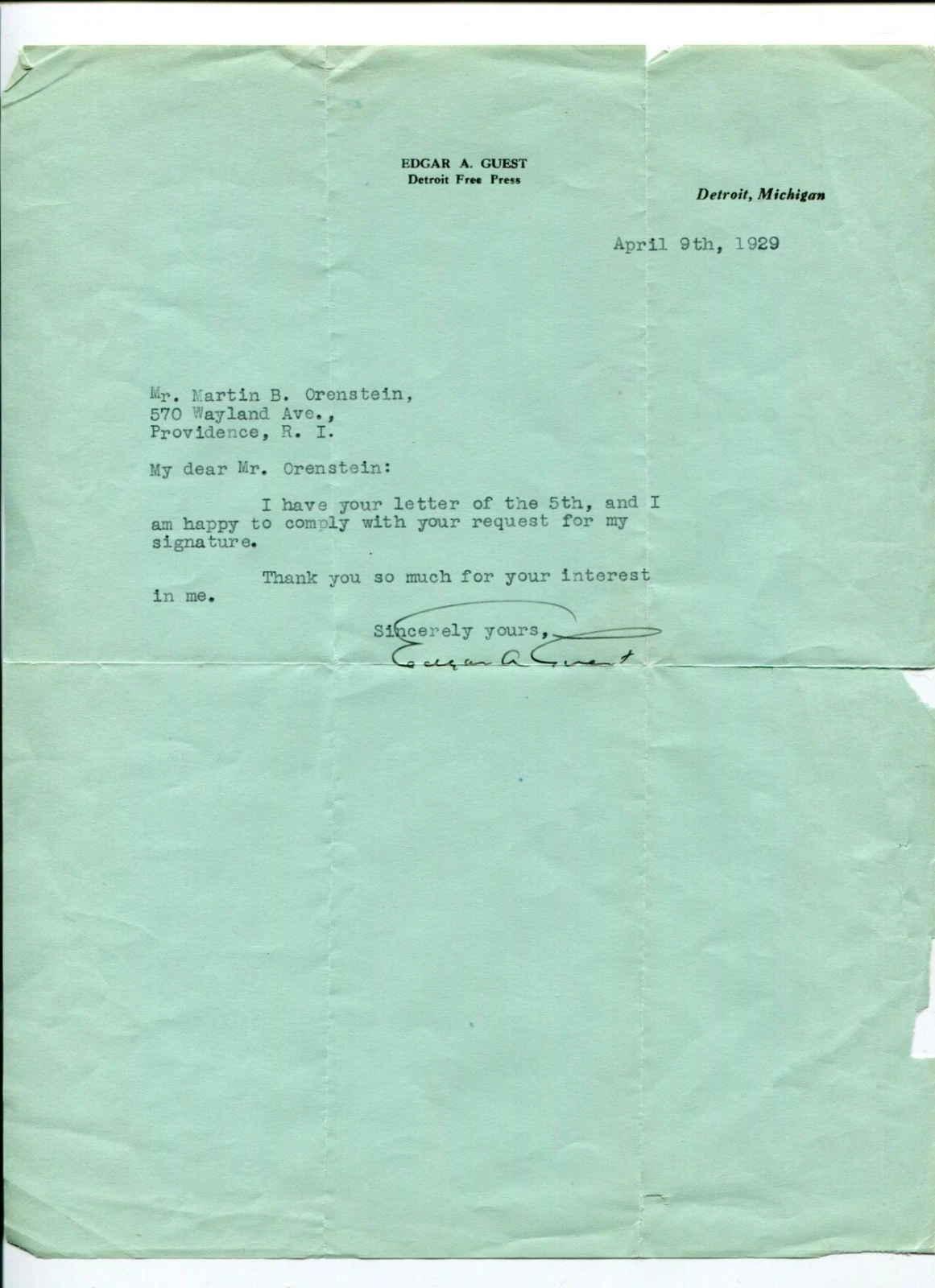 Edgar Guest Author Poet People's Poet Signed Autograph TSL