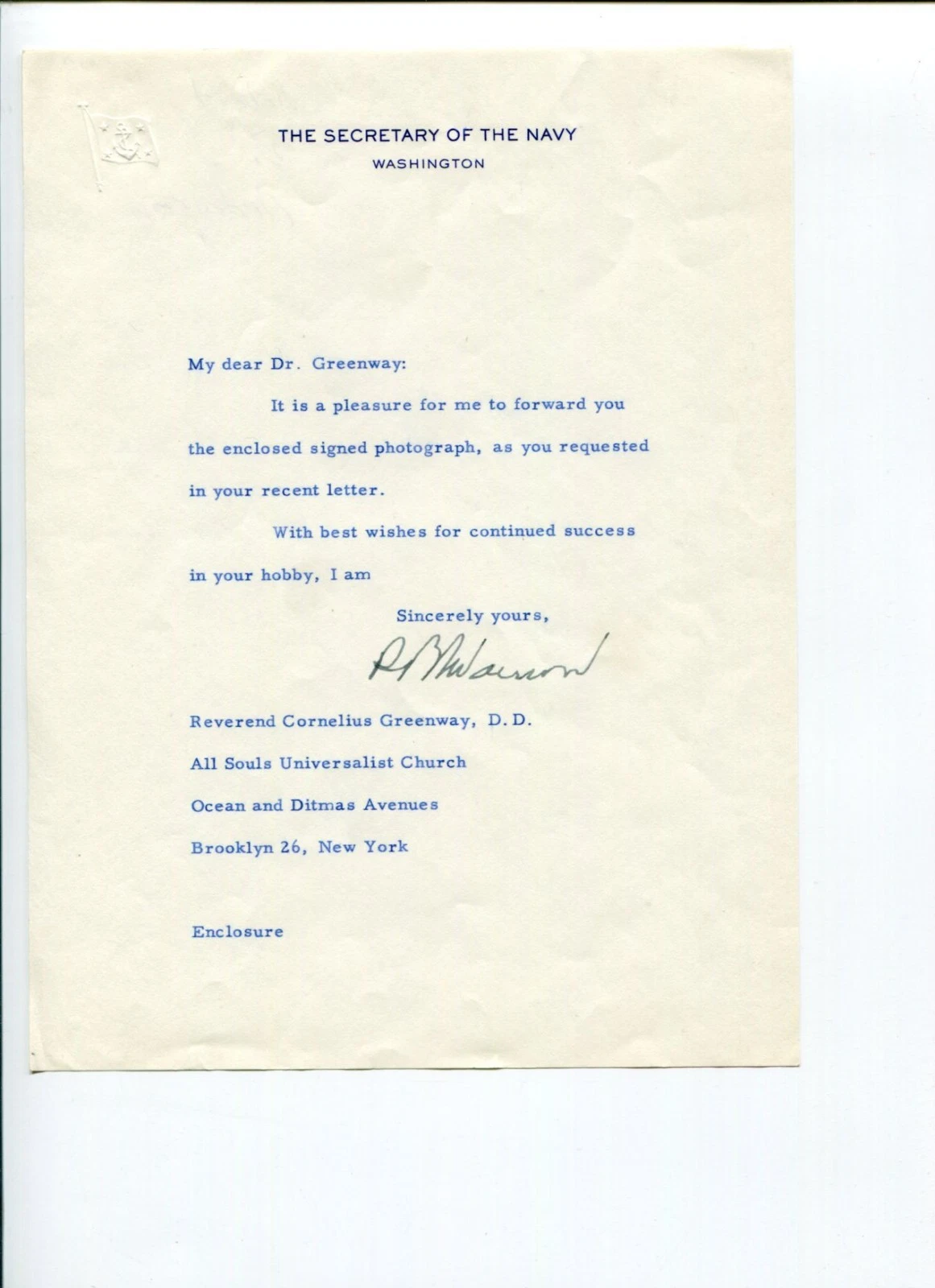 Robert B Anderson US Secretary of Navy & Treasury Signed Autograph