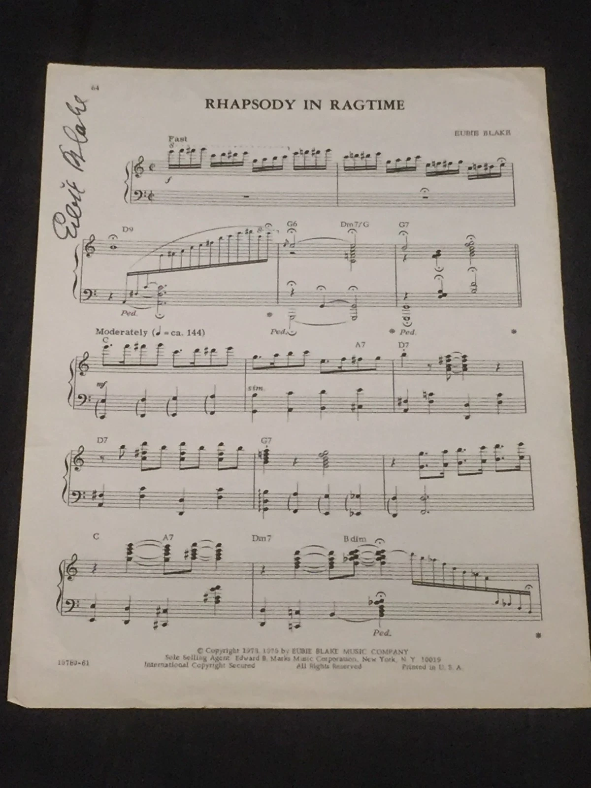 Eubie Blake Composer Rhapsody in Ragtime Rare Signed Autograph Sheet Music