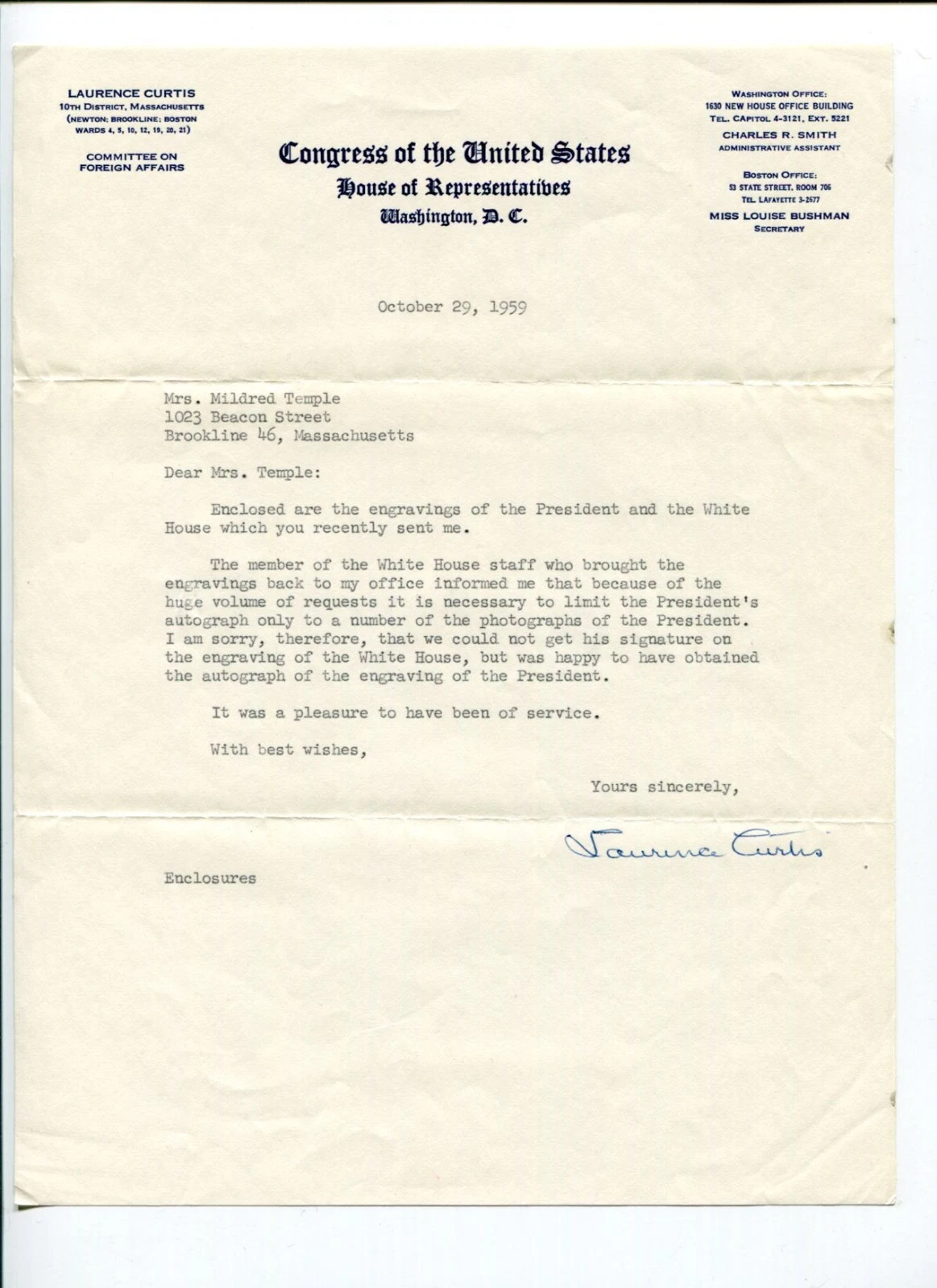 Laurence Curtis Massachusetts US Representatives Congress Signed Autograph TSL