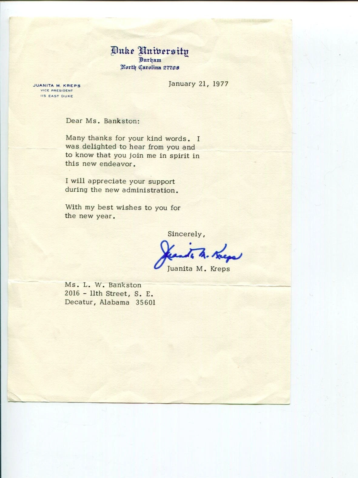 Juanita M. Kreps 1st Women US Secretary Of Commerce Carter Signed Autograph TSL