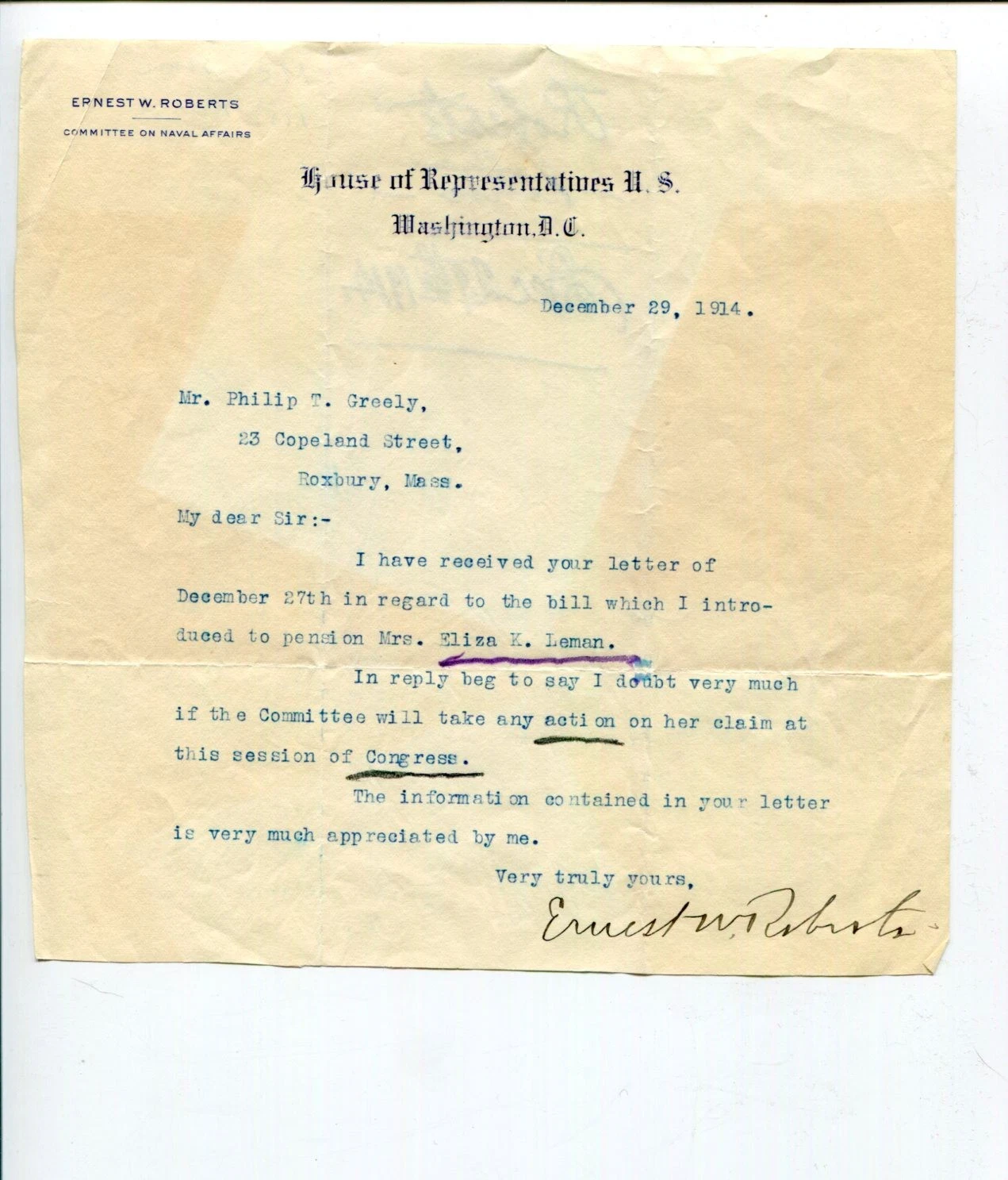 Ernest W Roberts Massachusetts US Representative Congress Signed Autograph TSL