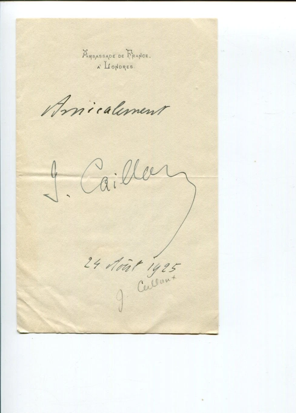 Joseph Caillaux Prime Minister Of France Signed Autograph