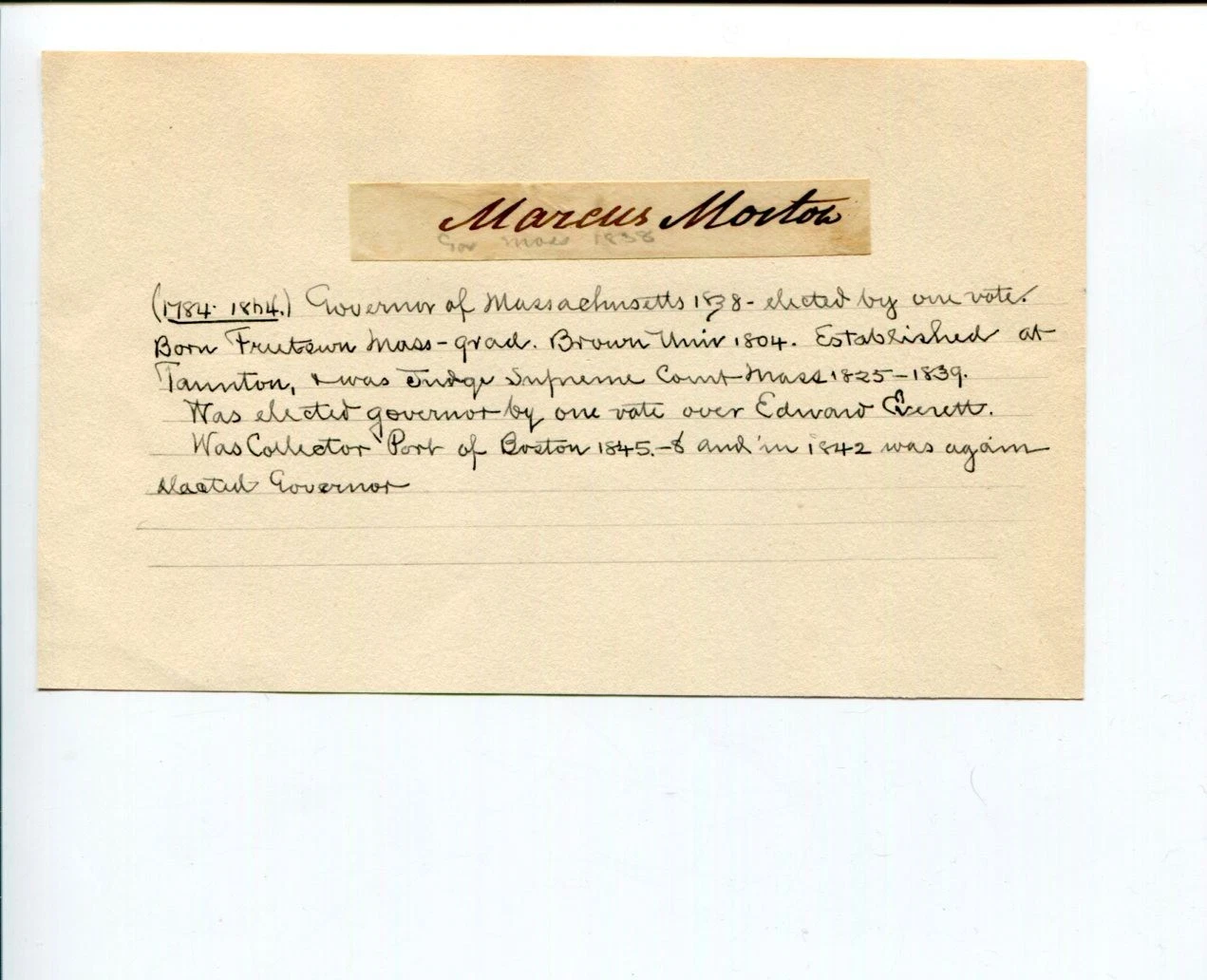 Marcus Morton Governor Of Massachusetts US Representative Signed Autograph