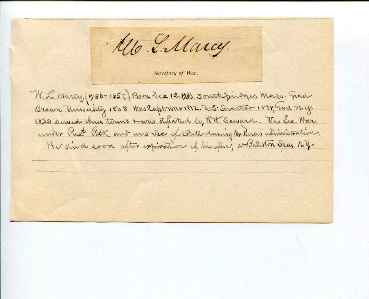 William L. Marcy US Secretary of State War Governor NY New York Signed Autograph