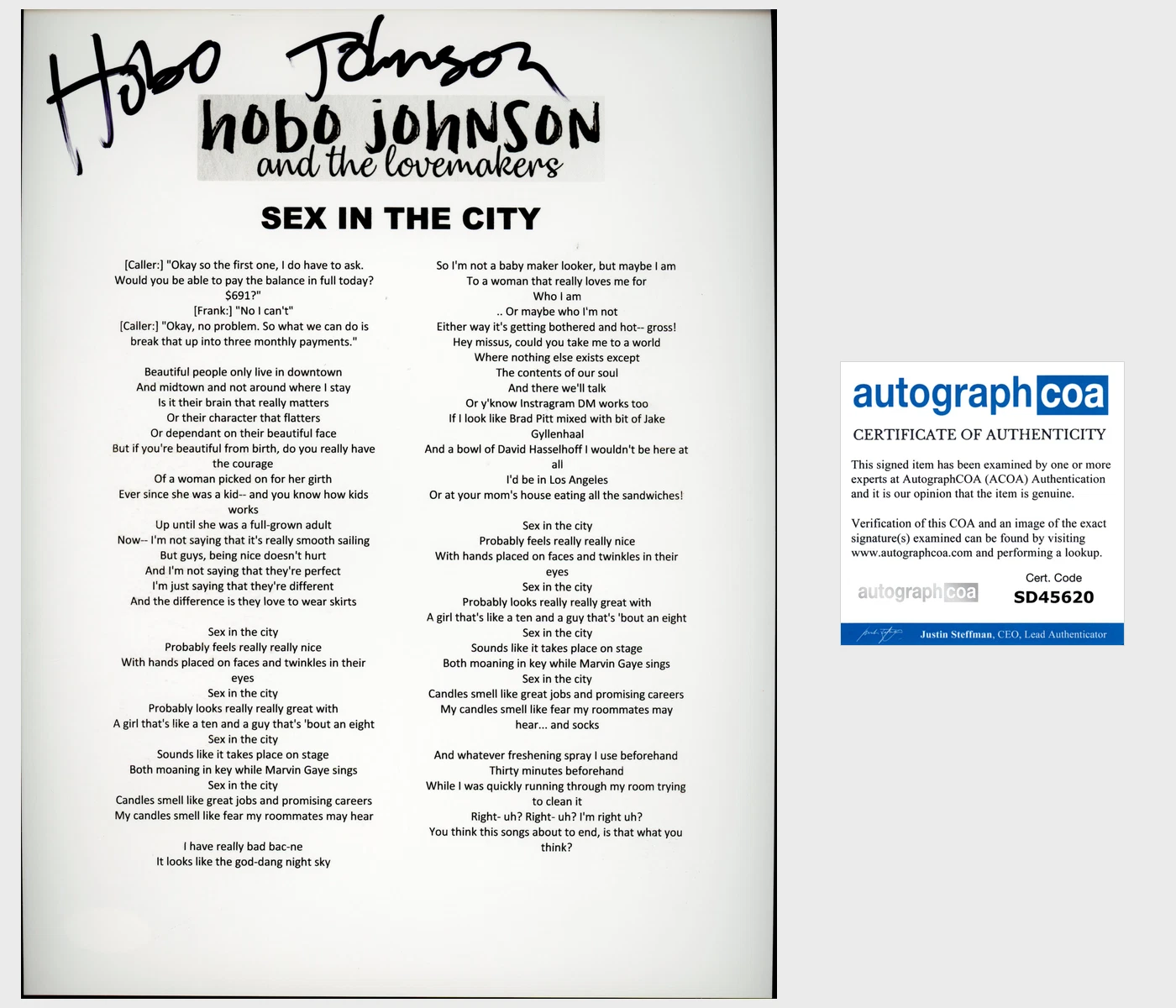 HOBO JOHNSON & THE LOVEMAKERS SIGNED SEX IN THE CITY LYRIC SHEET w/PROOF & COA