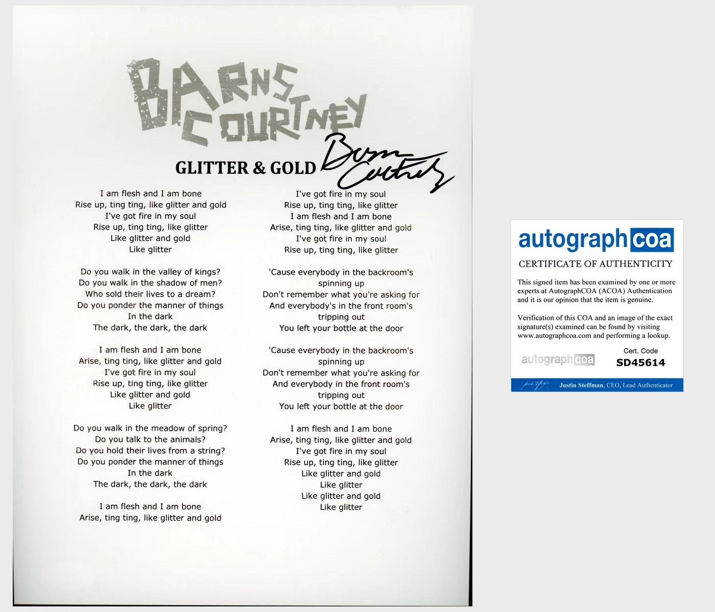 BARNS COURTNEY SIGNED GLITTER & GOLD LYRICS SHEET W/EXACT PROOF & AUTOGRAPH COA COLLECTIBLE MEMORABILIA