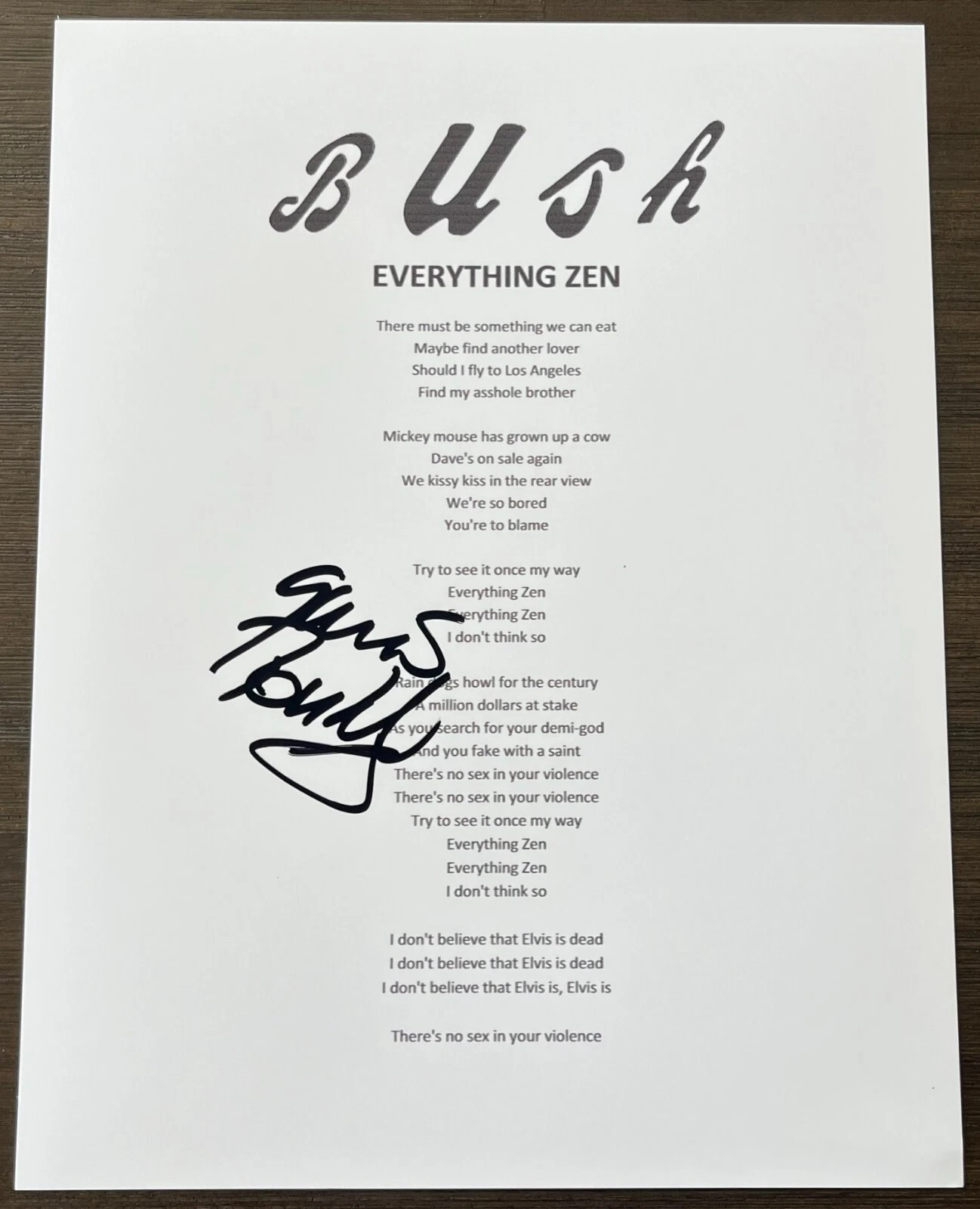 GAVIN ROSSDALE SIGNED BUSH EVERYTHING ZEN LYRICS SHEET w/EXACT PROOF BECKETT COA