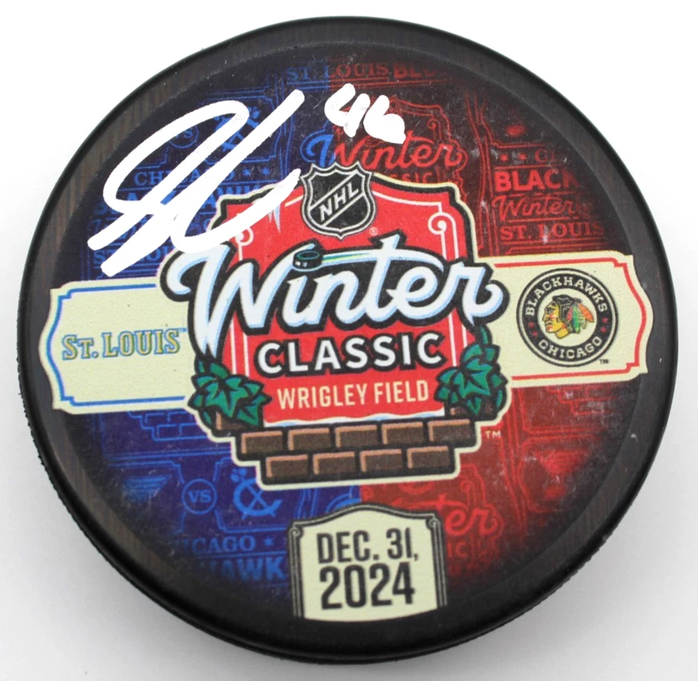 Louis Crevier Signed Chicago Blackhawks 2024 Winter Classic Hockey Puck w/COA #1