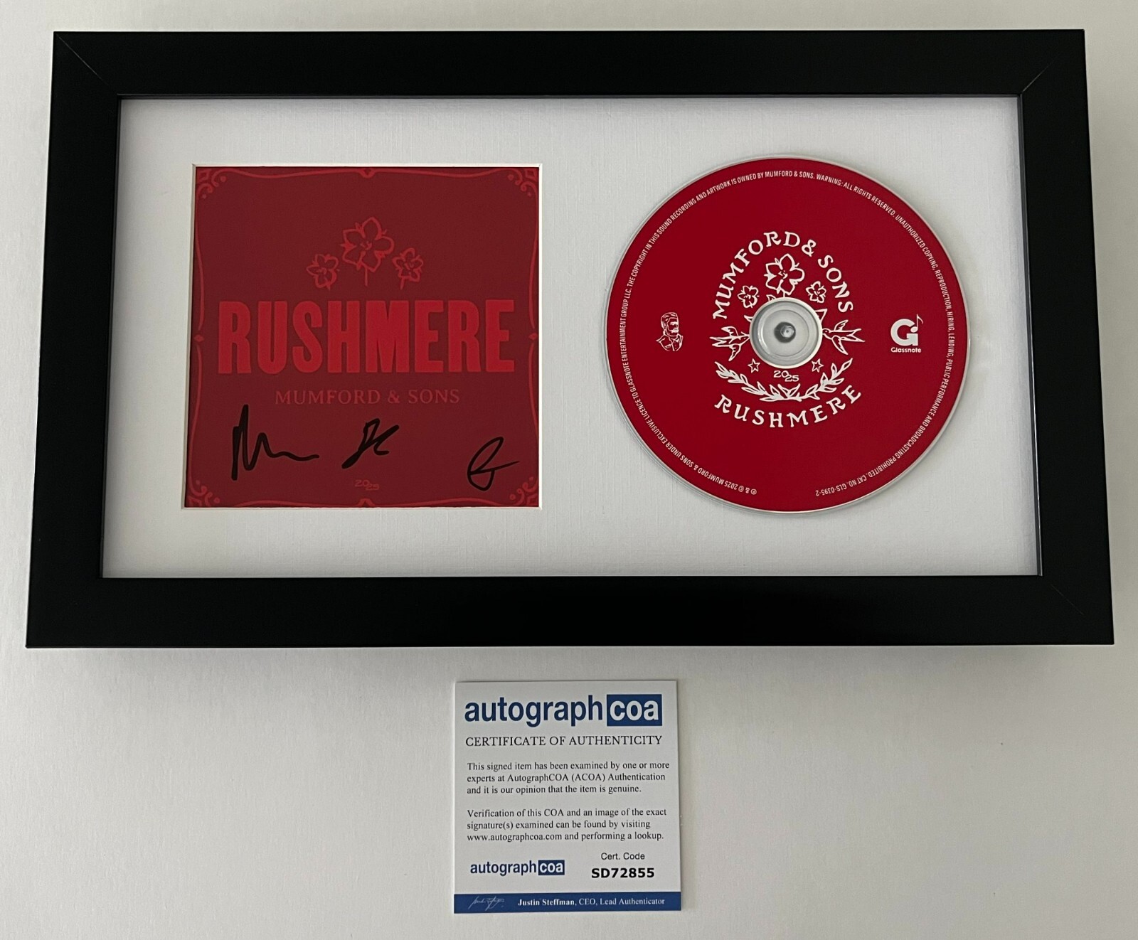 MUMFORD & SONS SIGNED RUSHMERE FRAMED & MATTED CD w/ AUTOGRAPH COA ACOA
