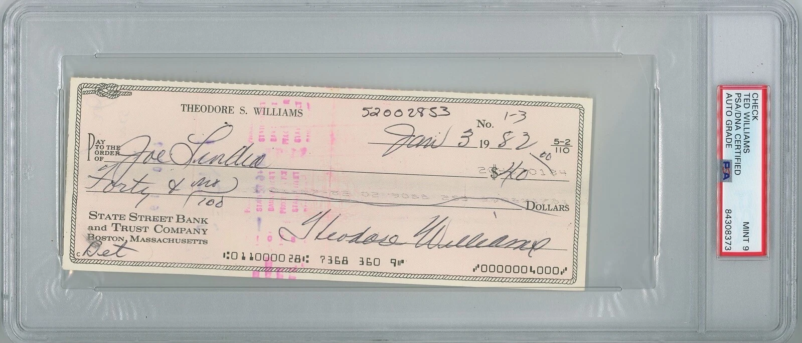TED WILLIAMS SIGNED PERSONAL CHECK PSA DNA 84308373 RED SOX HOF (D) MINT 9