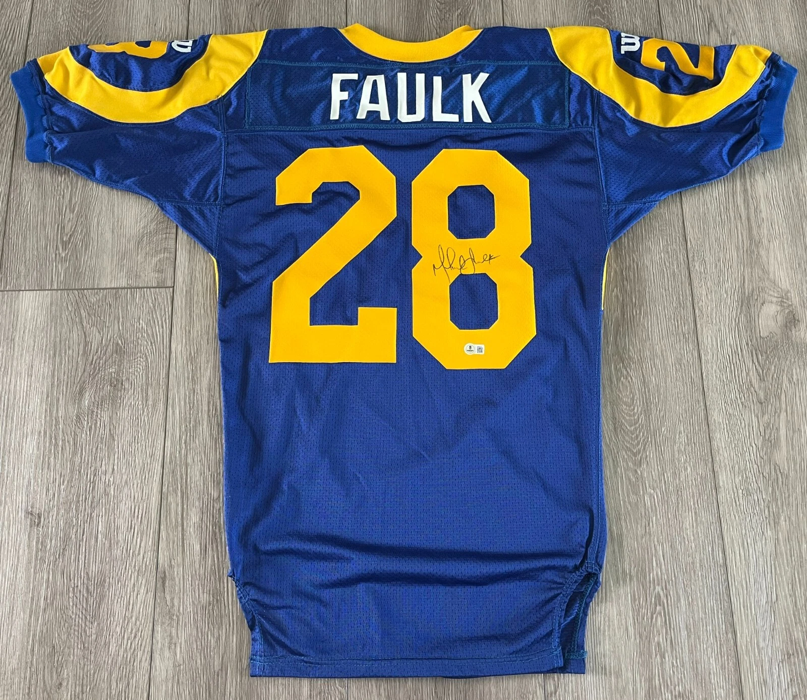 MARSHALL FAULK SIGNED TEAM ISSUED ST. LOUIS RAMS AUTHENTIC JERSEY BECKETT COA