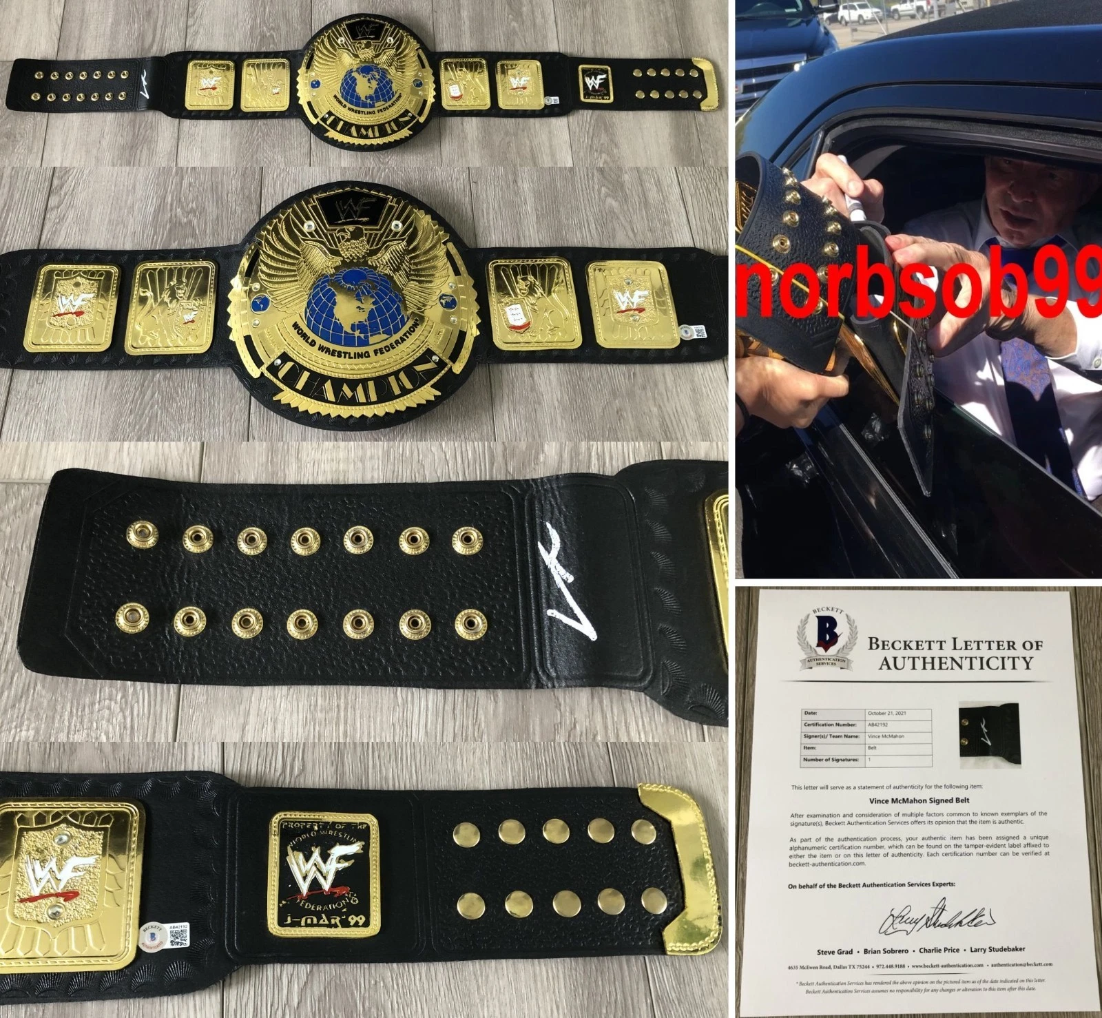 VINCE MCMAHON SIGNED WWE WWF CHAMPIONSHIP LEATHER BELT w/EXACT PROOF BECKETT COA