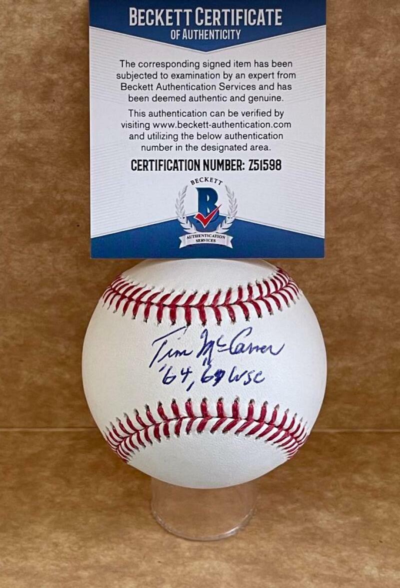 TIM MCCARVER 64,67 WSC CARDINALS SIGNED AUTOGRAPHED M.L. BASEBALL BECKETT Z51598