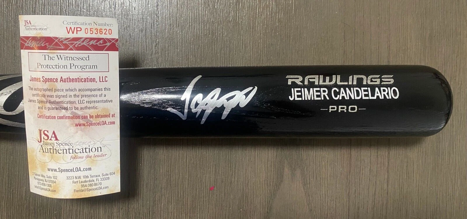 JEIMER CANDELARIO CINCINNATI REDS SIGNED AUTO RAWLINGS ENGRAVED BLACK BAT JSA *