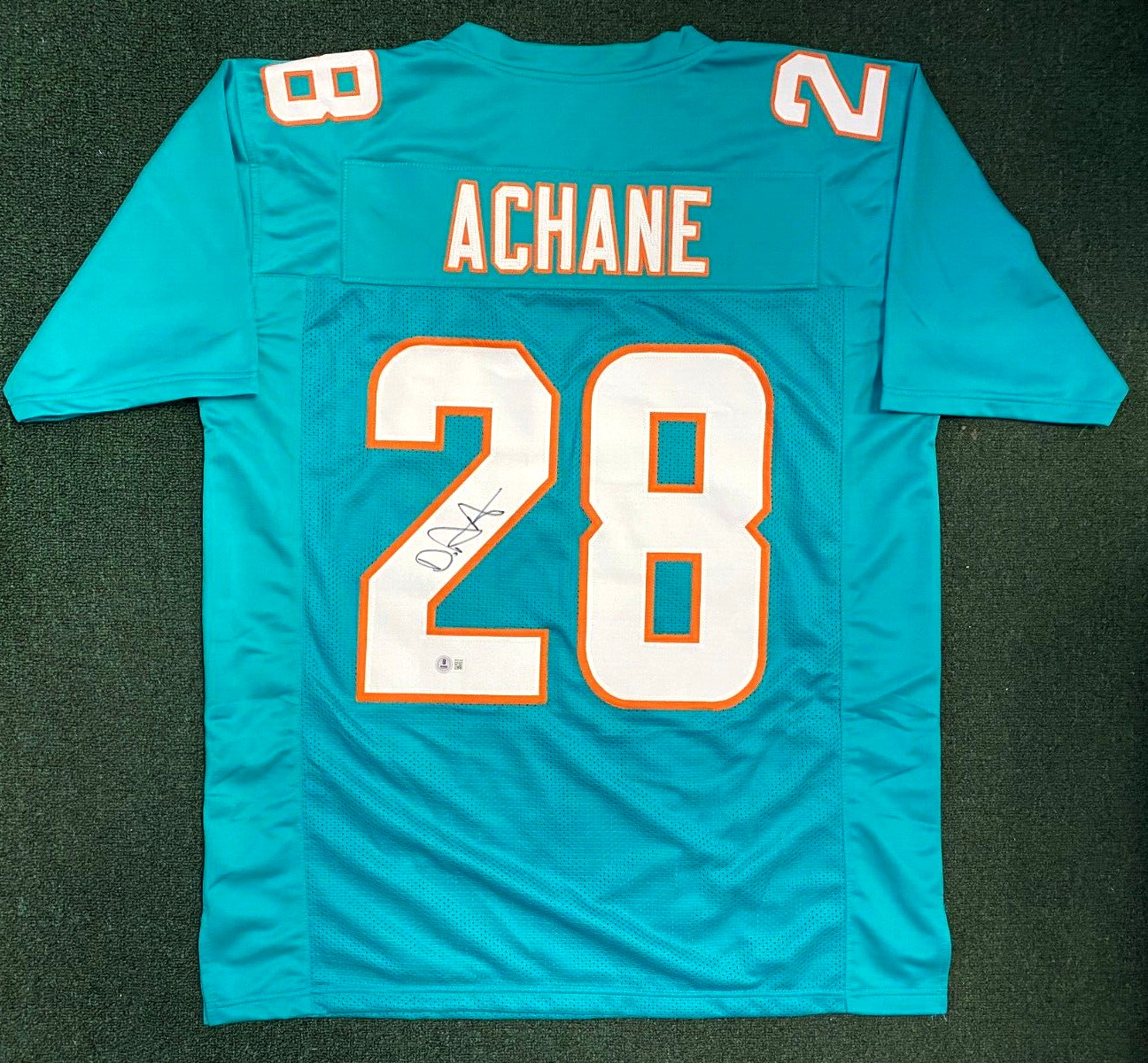 DEVON ACHANE #28 DOLPHINS SIGNED AUTOGRAPH TEAL CUSTOM  JERSEY SZ XL BECKETT