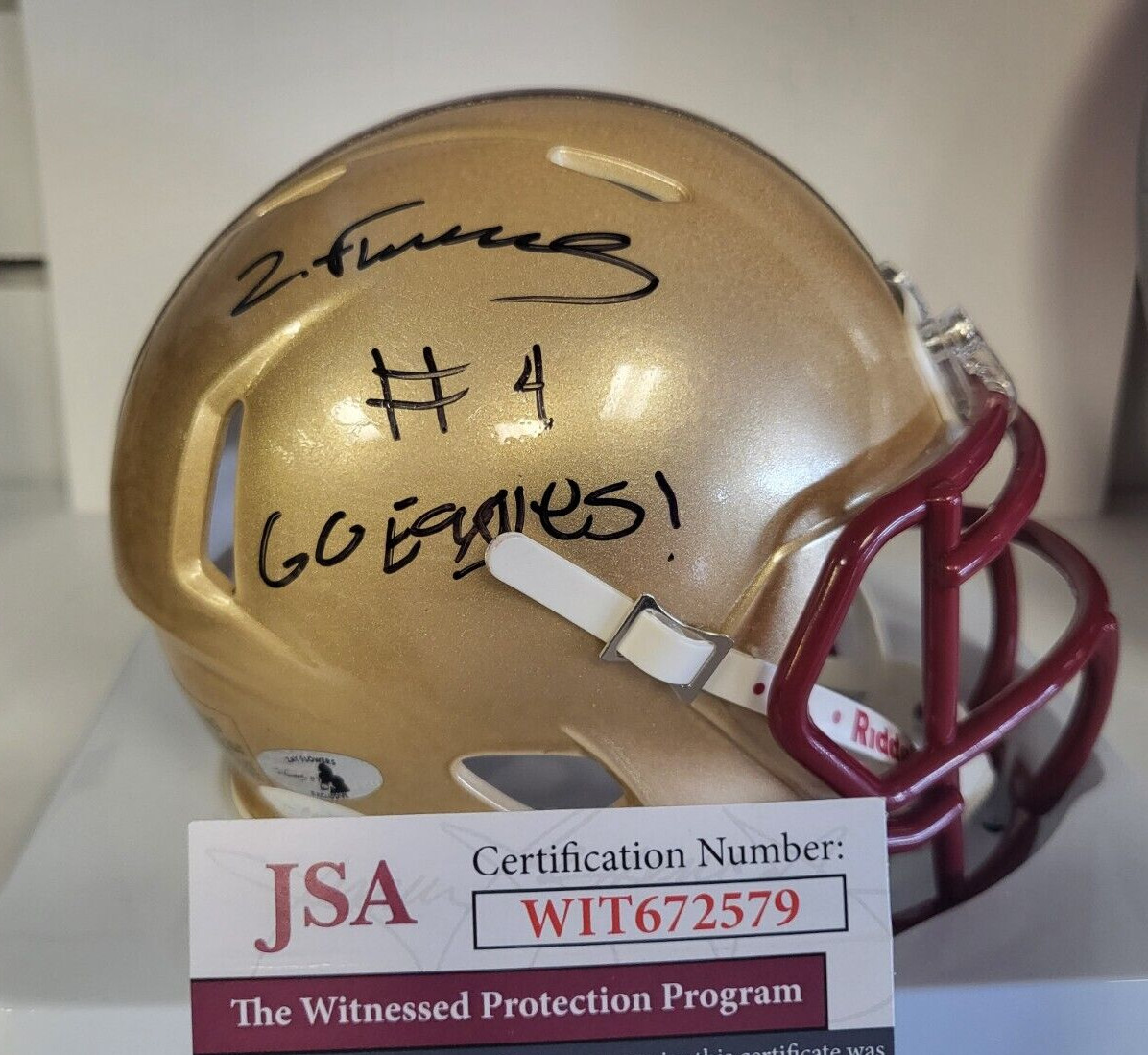 ZAY FLOWERS #4 GO EAGLES! BOSTON COLLEGE SIGNED AUTOGRAPHED MINI HELMET JSA * COLLECTIBLE MEMORABILIA