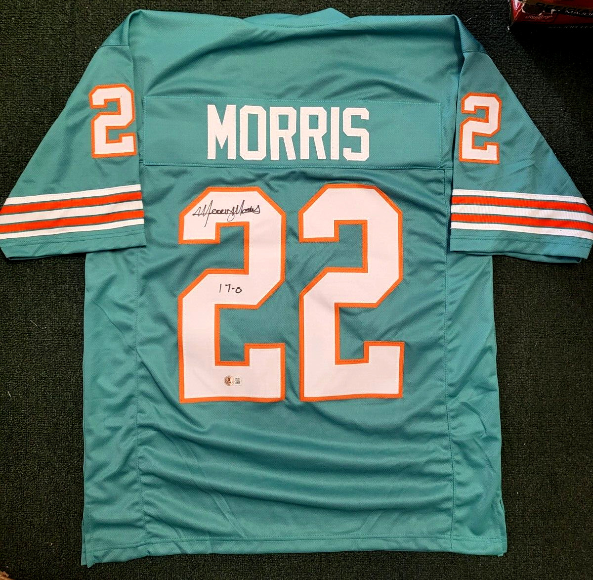 MERCURY MORRIS 17-0 MIAMI DOLPHINS SIGNED AUTOGRAPHED TEAL CUSTOM JERSEY XL BAS